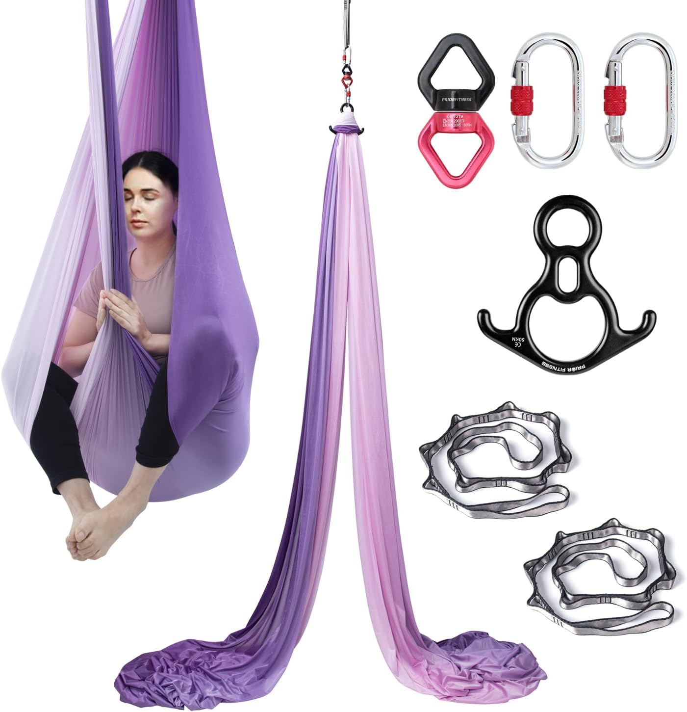 PRIOR FITNESS Aerial Silks Kit Colorful 9/15/20 Yards 40D Nylon Fabric Hammock Set With Hardware & Guide for All Levels Of Aerial Yoga Practice and Acrobatic Flying For Adults Aerial silk