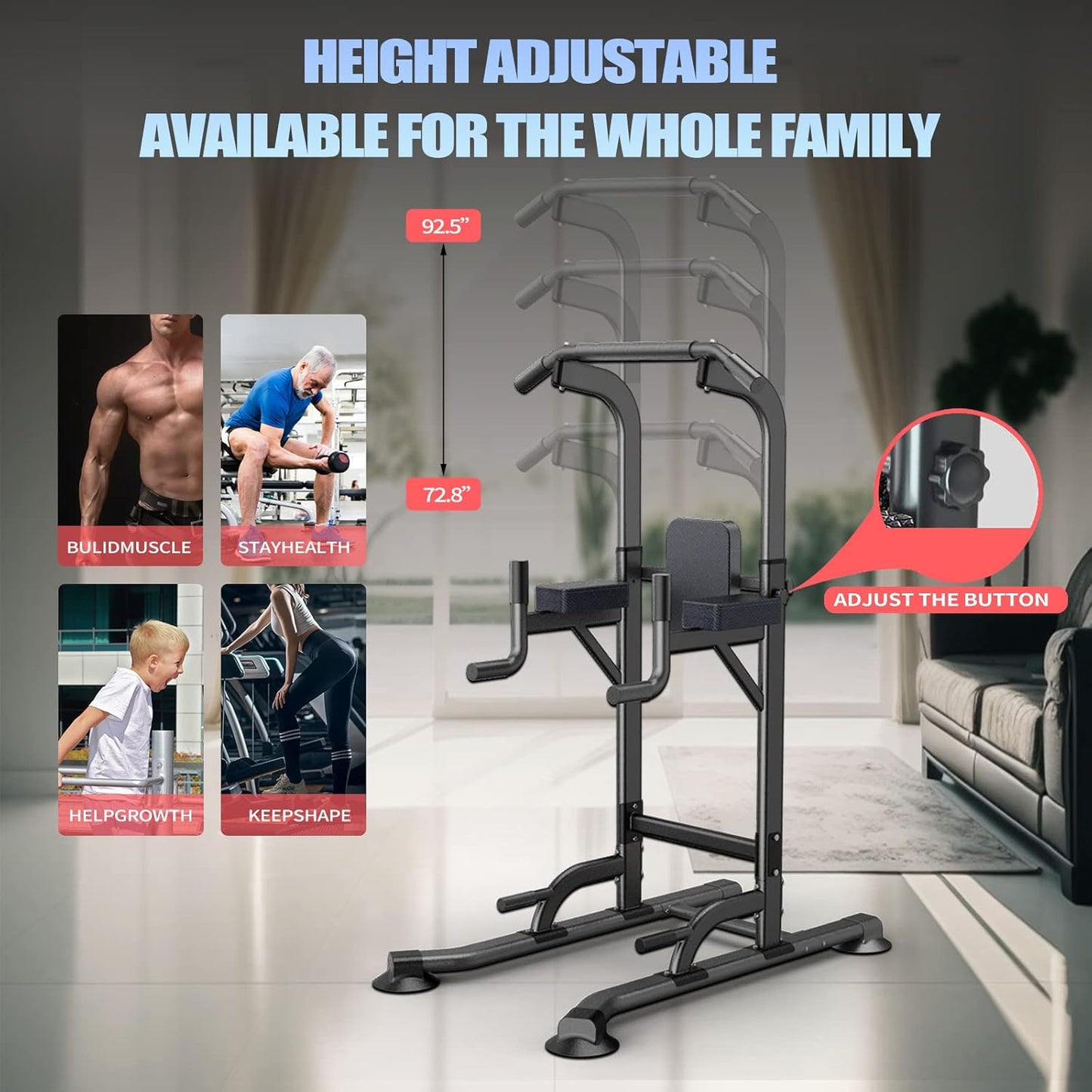 Power Tower Adjustable Height Pull Up & Dip Station Multi-Function Home Strength Training Fitness Workout Station for Home Gym
