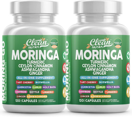 Moringa Powder Capsules + Turmeric Moringa Leaf Ceylon Cinnamon Ashwagandha Ginger Tart Cherry Boswellia Quercetin Garlic Holy Basil Saffron Nettle Black Pepper Moring-Go Supplement By Clean Nutra (2)