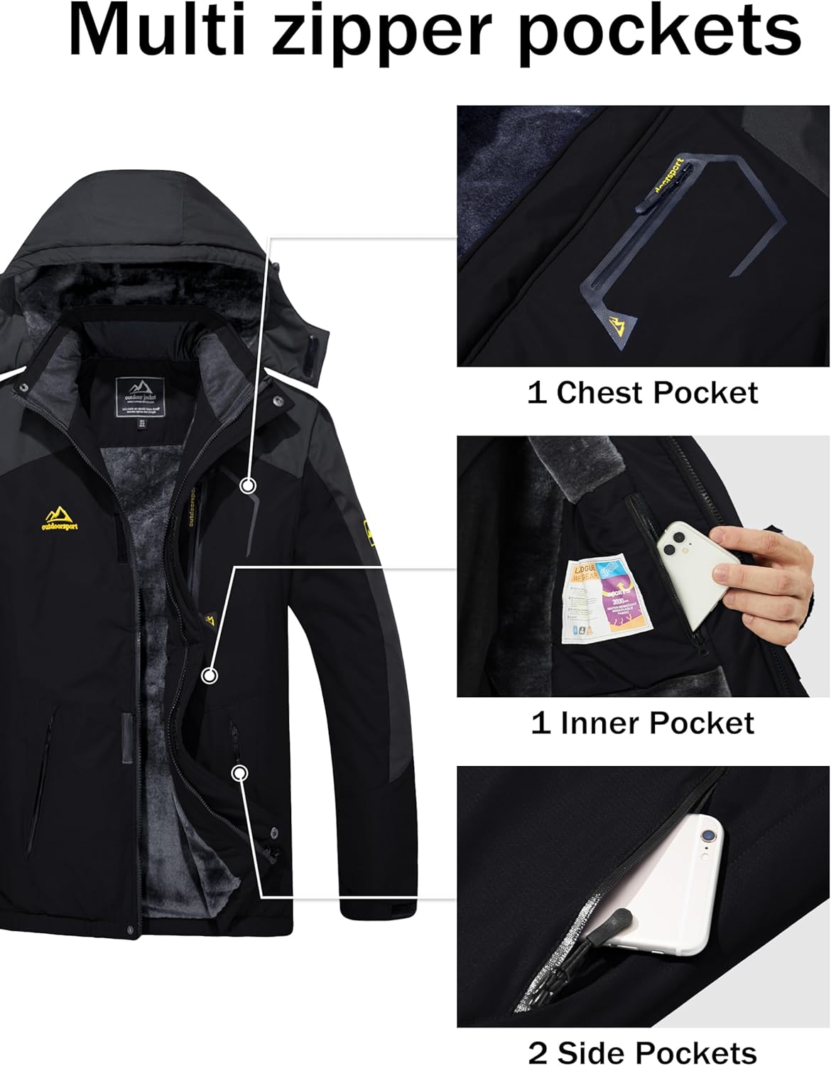 MAGCOMSEN Men's Winter Coats Water Resistant Ski Snow Jacket Warm Fleece Jacket Parka Raincoats With Multi-Pockets