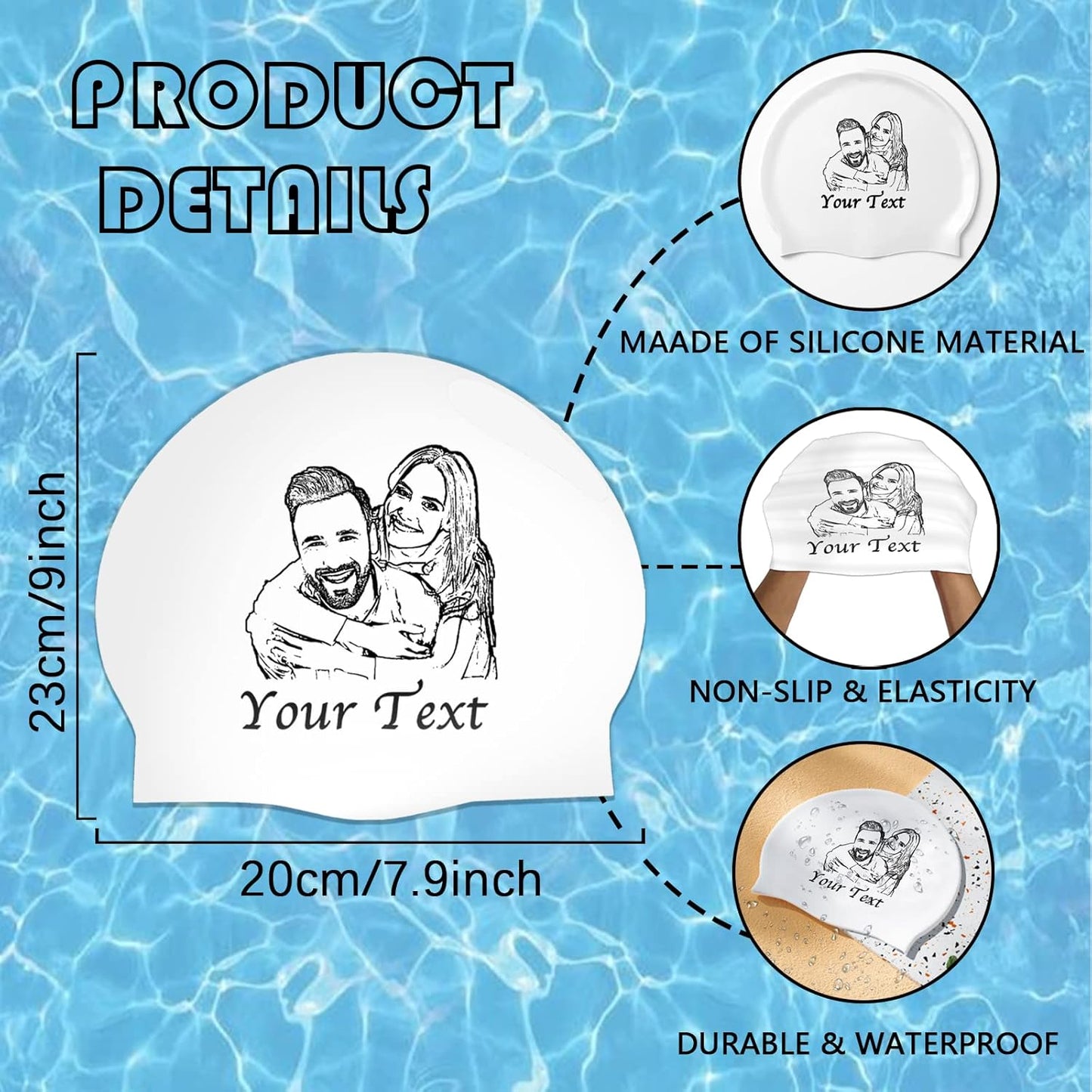 Custom Swim Cap with Photo Personalized Silicone Swim Cap for Men and Women Swimming Customized Swimmers Cap for Short and Medium Length Hair