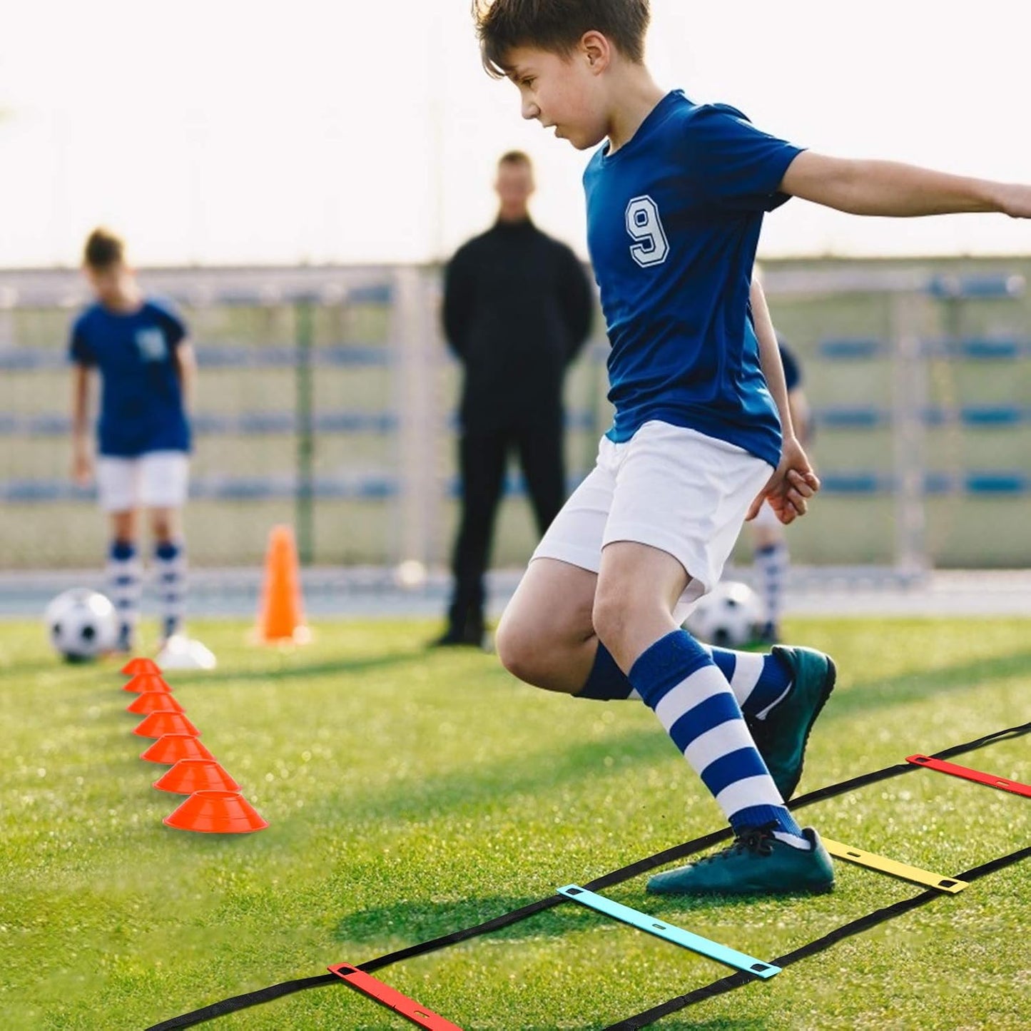 Agility Ladder Speed Training Equipment, 9 Rung 13FT Sports Agility Ladders Set Workout Ladder with 10 Disc Cones for Soccer, Speed, Football Fitness Feet Training