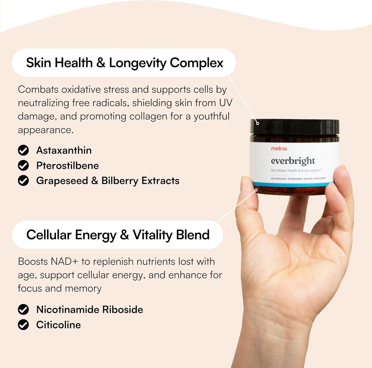 Melina Everbright NAD+ Supplement for Women's Energy & Longevity - Nicotinamide Riboside (NR), Pterostilbene, Citicoline, Astaxanthin - Anti-Aging, Focus, and Skin - 3rd Party Tested - 30 Servings