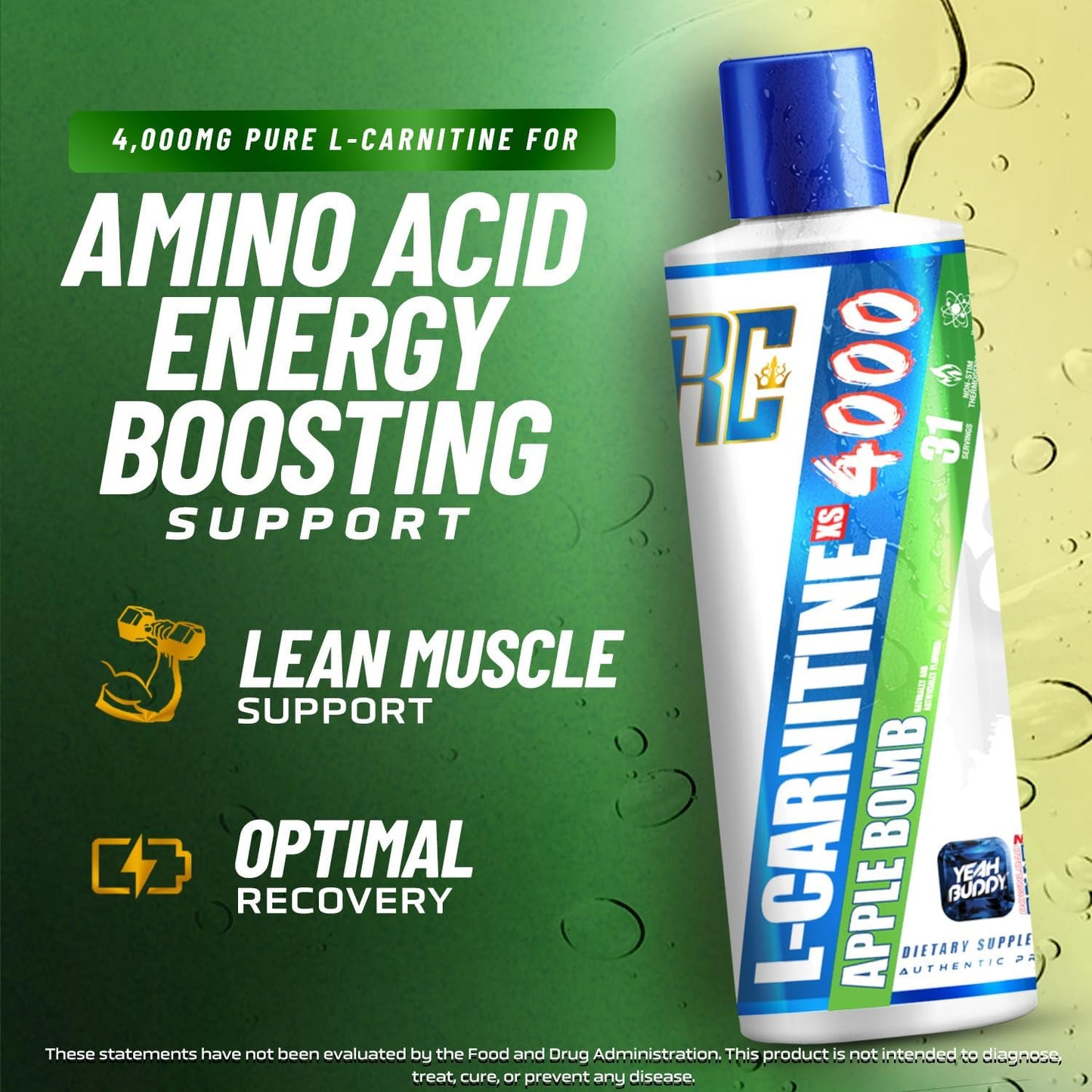 Ronnie Coleman Signature Series L Carnitine XS 4000 Liquid, Stimulant Free, Sugar Free, Zero Carbs, Lean Muscle Strength Support for Men & Women, 16 Oz (16 oz, Apple Bomb (4000))