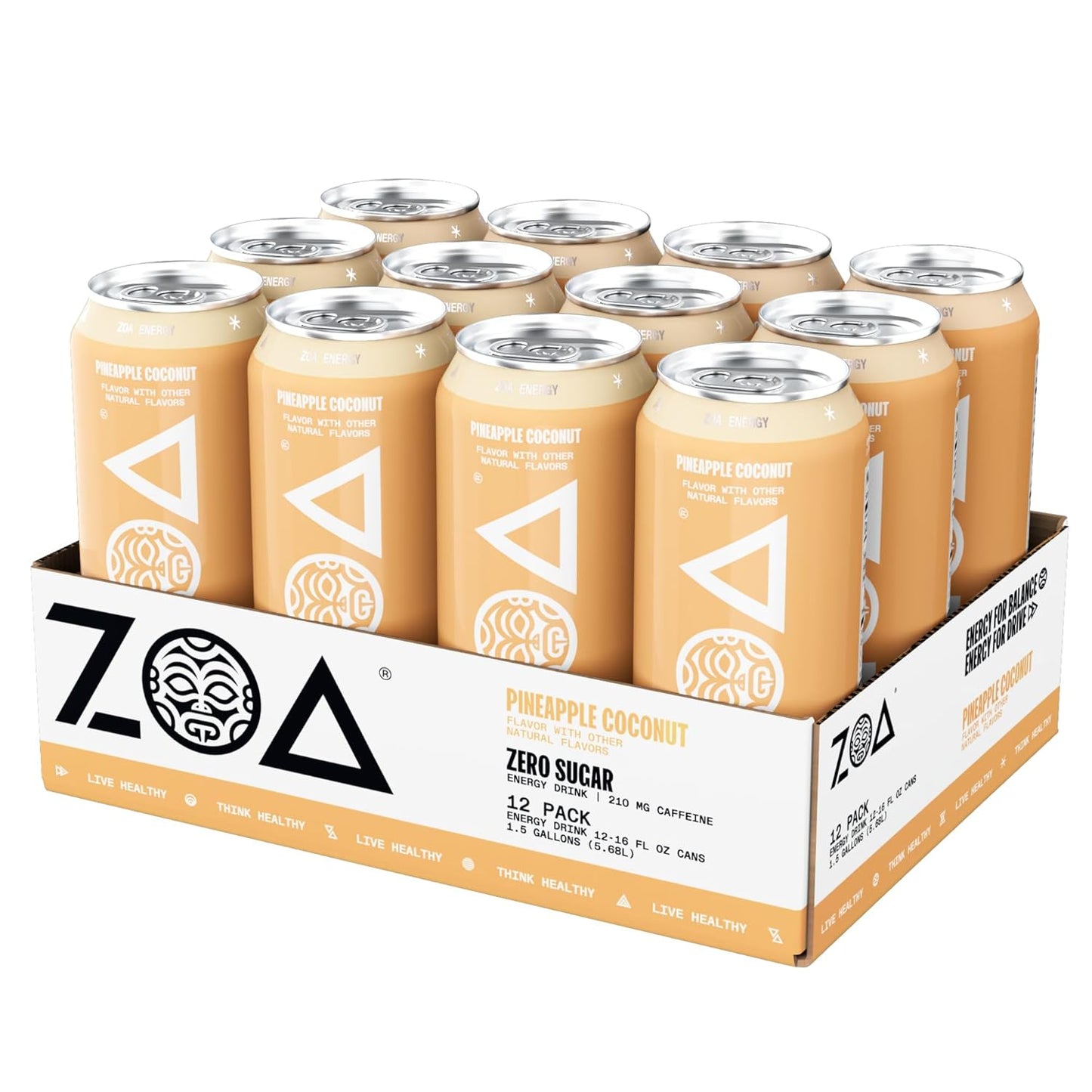 ZOA Zero Sugar Energy Drinks, Pineapple Coconut - Sugar Free with Electrolytes, Healthy Vitamin C, Amino Acids, Essential B-Vitamins, and Caffeine from Green Tea - 16 Fl Oz (12-Pack)