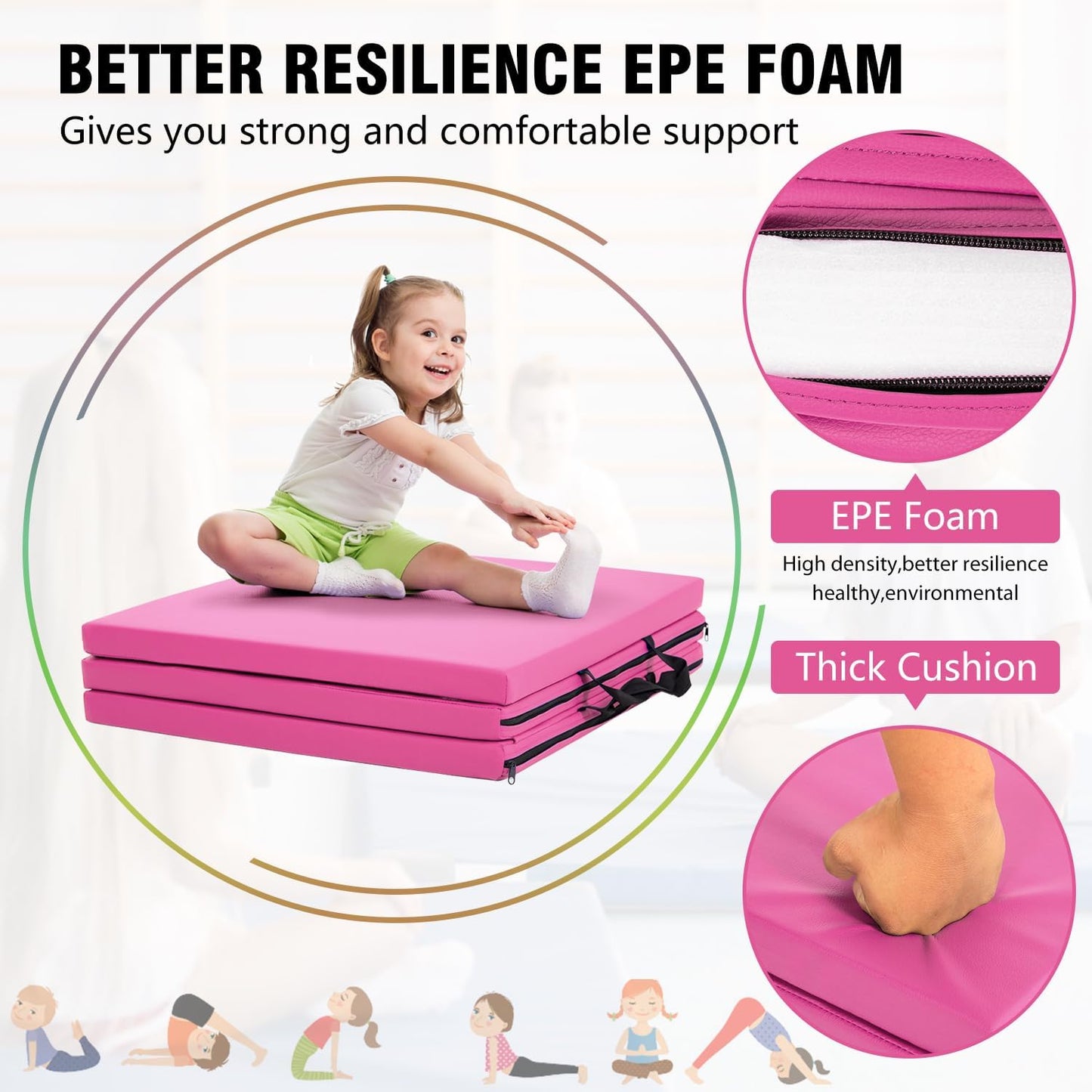 Gymnastics Tumbling Mats Portable Gymnastics Mat Foldable Tumbling Mat 2'x6'/4'x8' PU Leather Exercise Mat Yoga Mat with Carrying Handles for home Workout outdoor Yoga Gymnastics