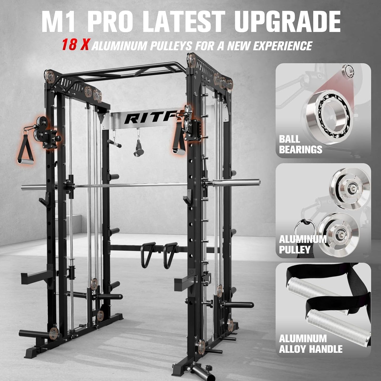 RitFit M1 & M1 Pro Smith Machine with Cable Crossover System, Multi-Function Squat Rack Power Cage for Home Gym, Power Rack and Packages