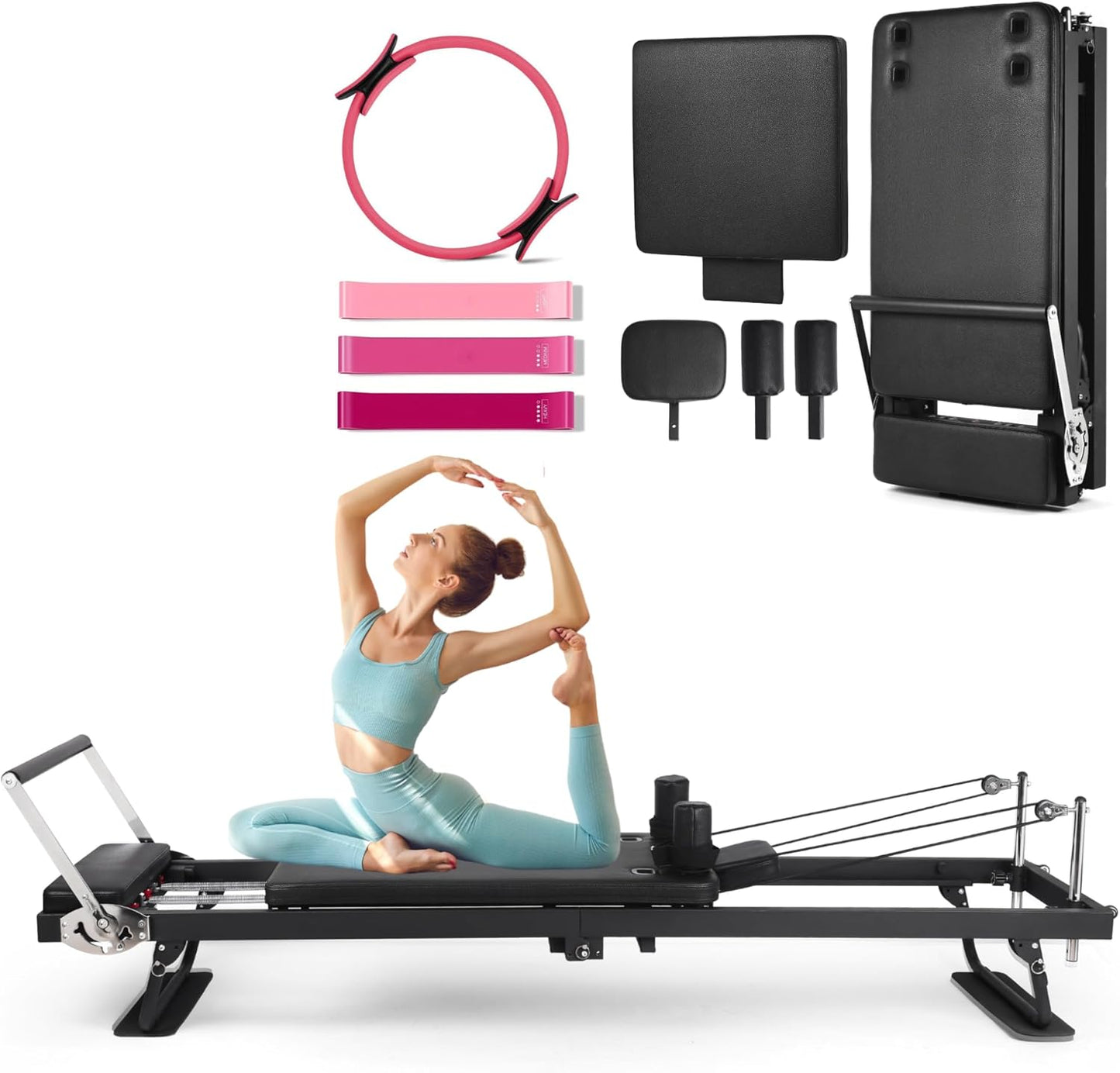 92" 2ND Gen Extended Pilates Reformer, Foldable Pilates Machine with Pilates Ring Circle & Headrest, Jumpboard, Dual Resistance Springs, Pilates Equipment for Home Workout, up to 500 lbs