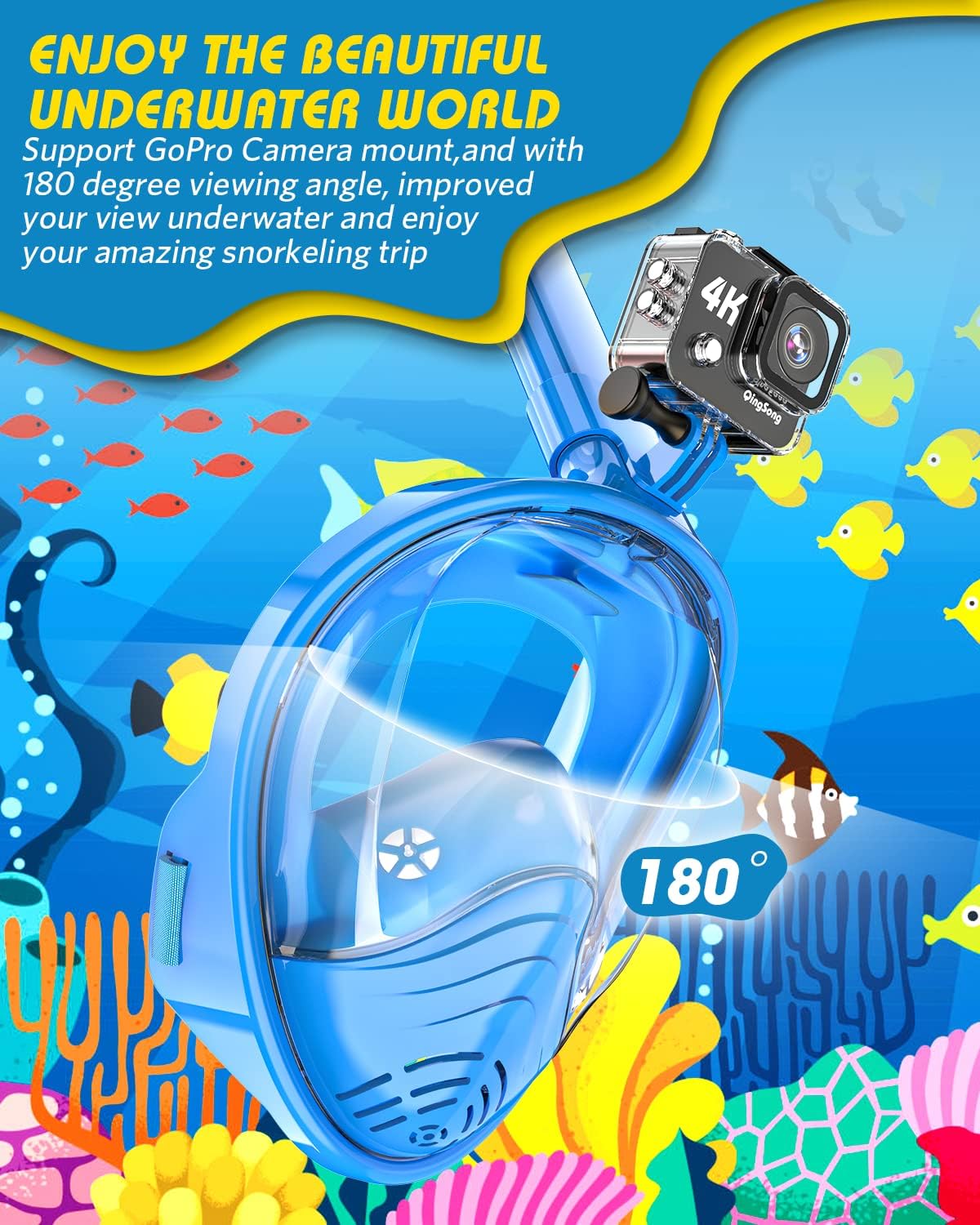 QingSong Kids Snorkel Mask Full Face, Snorkeling Set with Camera Mount, Foldable 180 Degree Panoramic View Snorkeling Gear Anti-Fog Anti-Leak