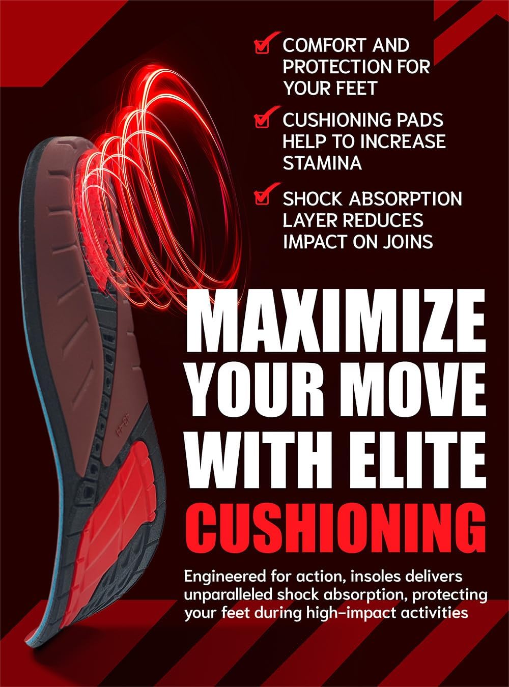 Flex Fit Sport Insoles - Medium Arch Support Inserts - Running Insoles for Sneackers - Shoe Inserts for Men and Women (Red, M)