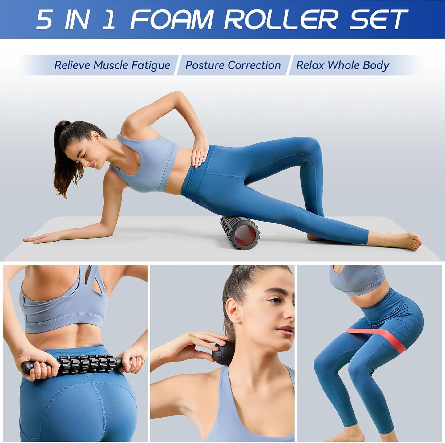 5 in 1 Foam Roller High Density Foam Roller Set for Deep Tissue Muscle Massage, 18" Trigger Point Fitness Exercise Massage Roller, Self-Myofascial Release for Whole Body (Black)
