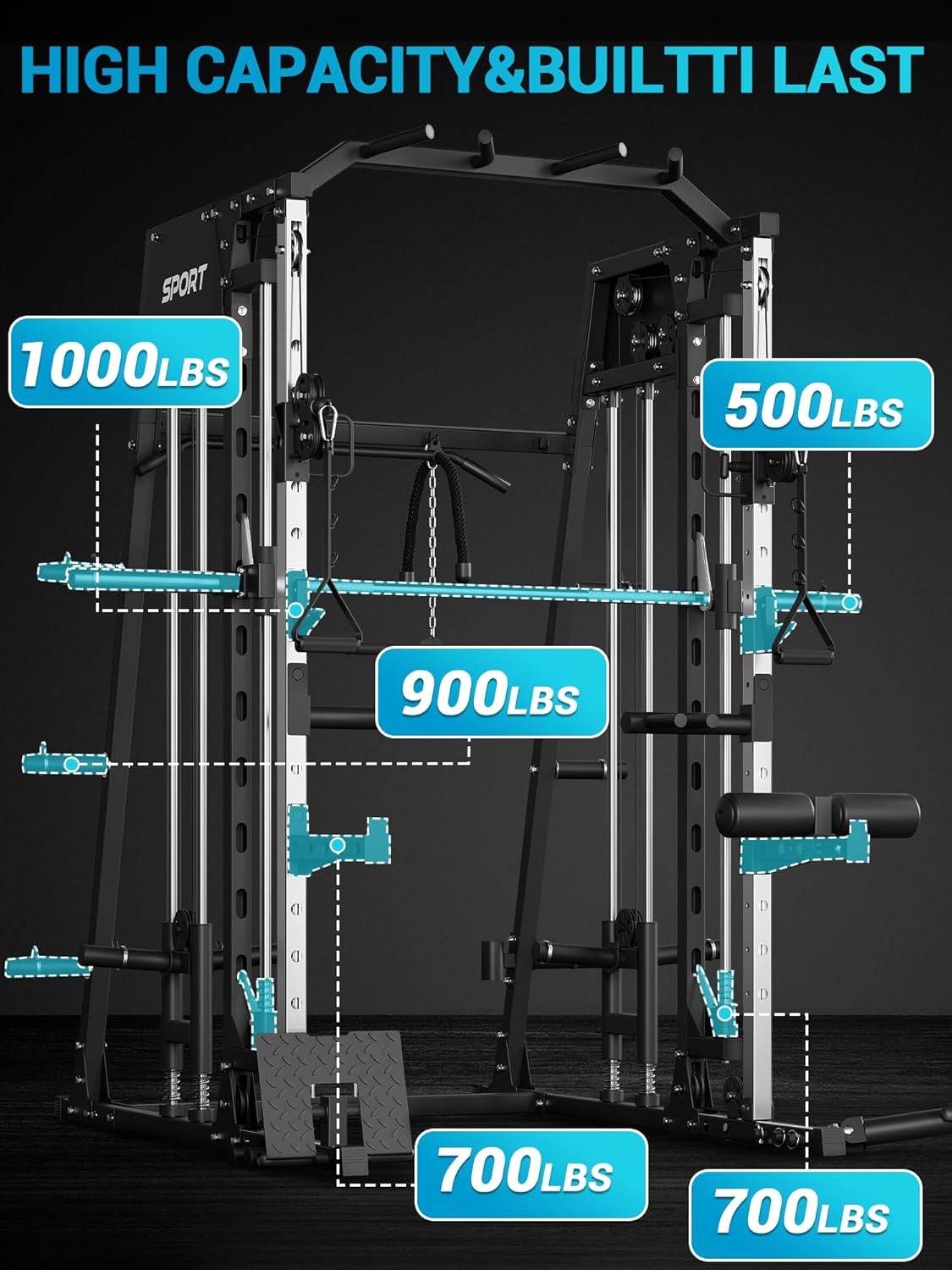 Smith Machine, Power Cage Squat Rack with Cable Crossover, Dual Pulley System, Pull-Up Bar, Home Gym Workout Equipment with Attachments for Strength Training and Weightlifting