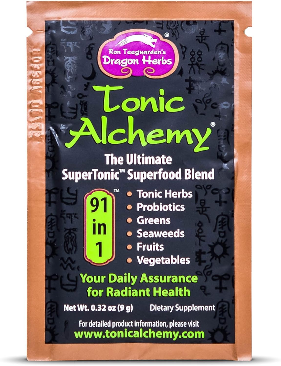 Dragon Herbs Tonic Alchemy Superfood Greens Powder - Single Serve Packet - 91 Ingredients: Tonic Herbs, Ashwagandha, Mushrooms, Prebiotics, Probiotics, Super Greens, Seaweeds, Fruits, Spirulina