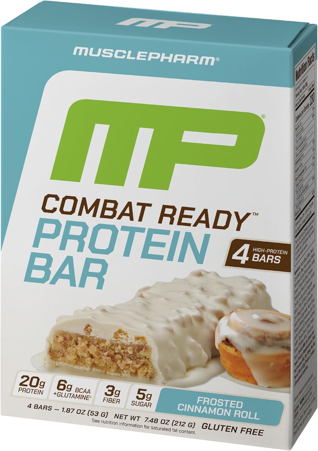 MusclePharm Combat Ready Protein Bar, Cinnamon Roll High Protein Bars, Combat Cravings, Fuel Performance & Meet Energy Demands, 20g Protein from Whey Protein, 3g Fiber, Gluten Free, 4 Bars
