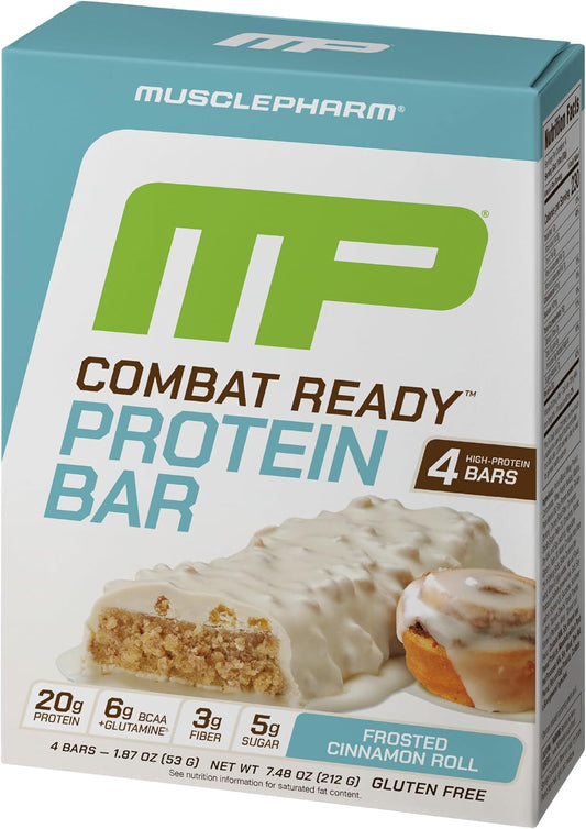 MusclePharm Combat Ready Protein Bar, Cinnamon Roll High Protein Bars, Combat Cravings, Fuel Performance & Meet Energy Demands, 20g Protein from Whey Protein, 3g Fiber, Gluten Free, 4 Bars
