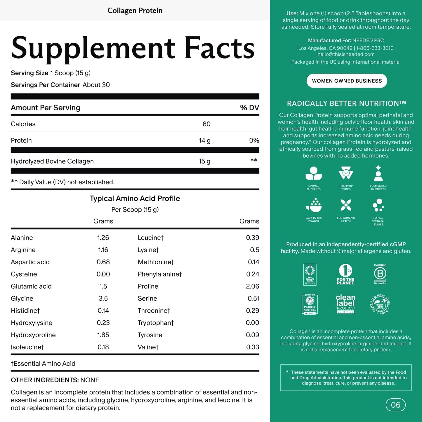 Needed. Hydrolyzed Collagen Protein Powder | Expert-Backed & Clean Sourced | Supports Skin, Hair, Joints | Grass-fed, Pasture-Raised, Hormone-Free | 1lb