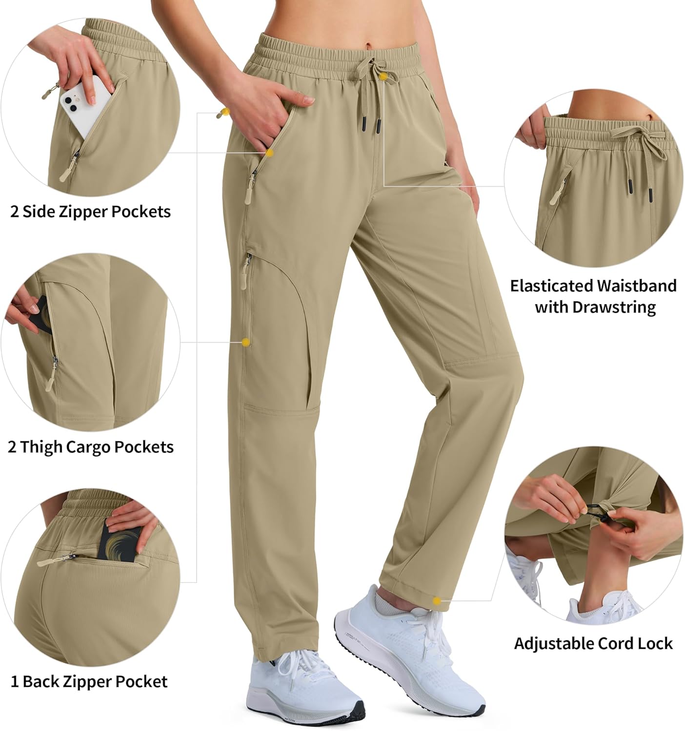 Women's Hiking Pants Quick Dry Lightweight Cargo Pants UPF 50 Water Resistant Zipper Pockets for Golf Travel Work Camping