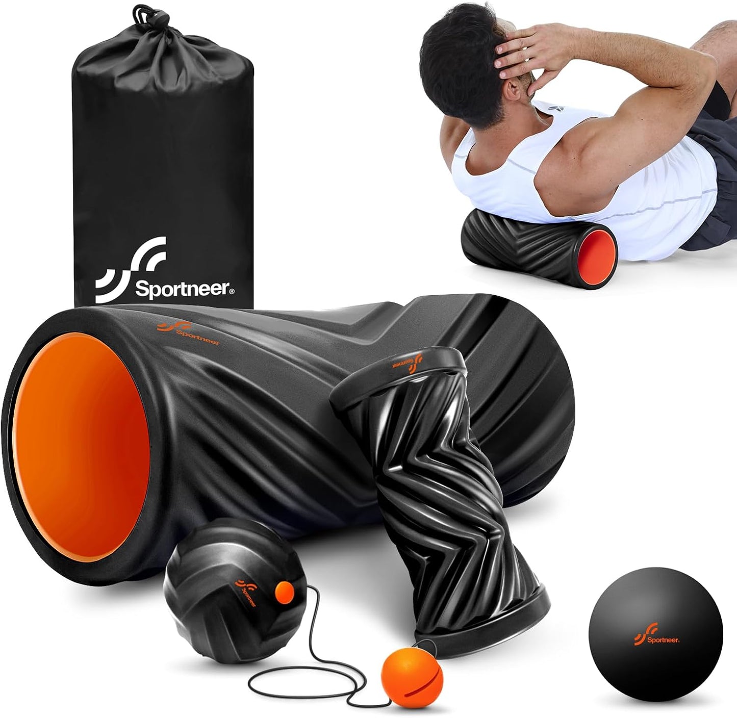 Sportneer 4 in 1 Foam Roller Set: Dual Textures Foam Roller, Foot Roller, Lacrosse Ball, Traction Massage Ball with String, Deep Massage Roller for Whole Body Release, Physical Therapy