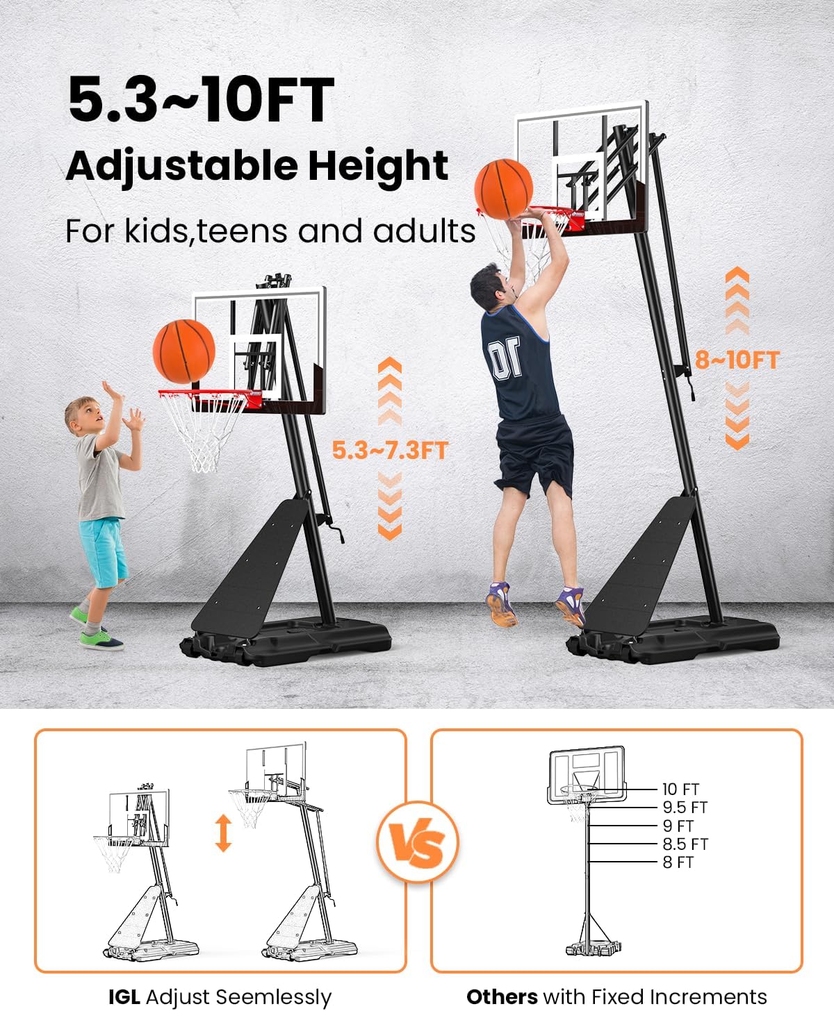 IGL In ground Basketball Hoops Outdoor, 10ft Height Adjustable Basketball Goal In ground with Shatterproof Backboard and Pro-Style Rim