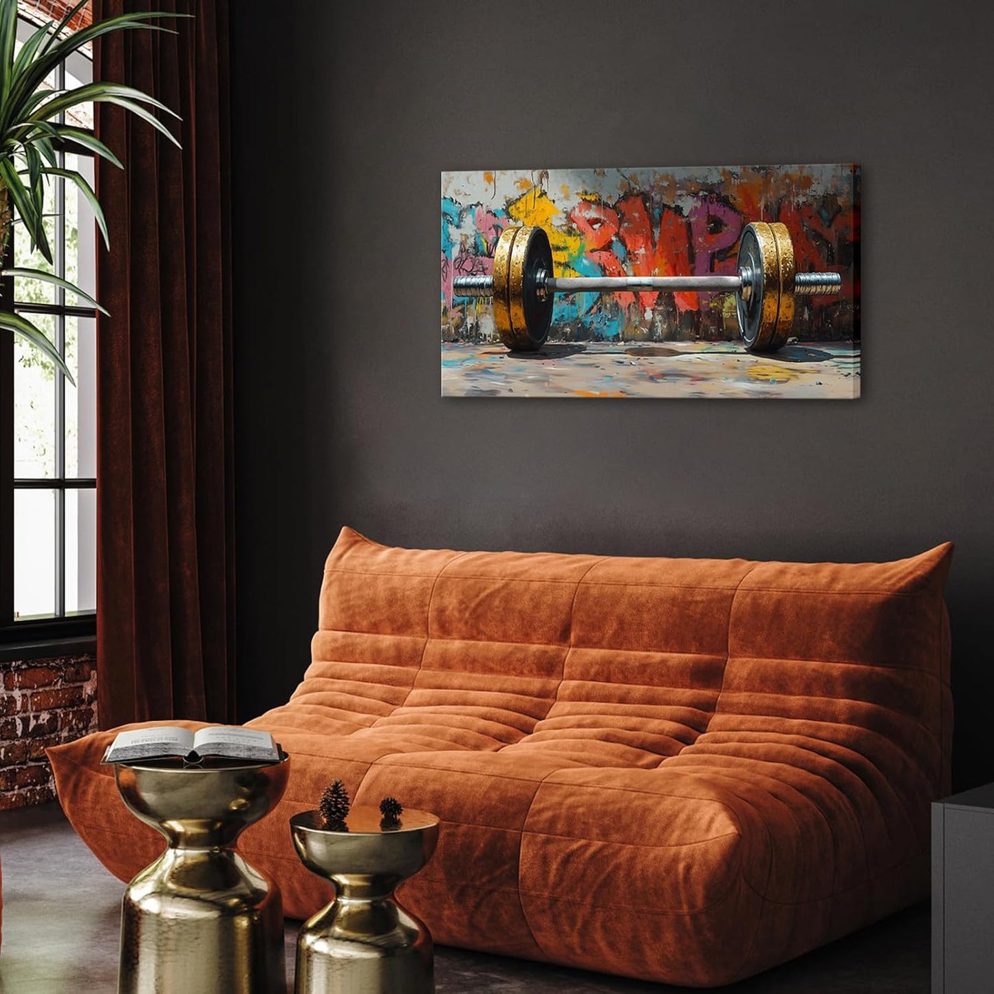 VANSEEING Graffiti Gym Wall Art Canvas Prints Barbell Weightlifting Fitness Picture Sport Motivational Artwork Oil Painting Wall decor for Workout Bedroom Fitness Boys Room 40x20 inch