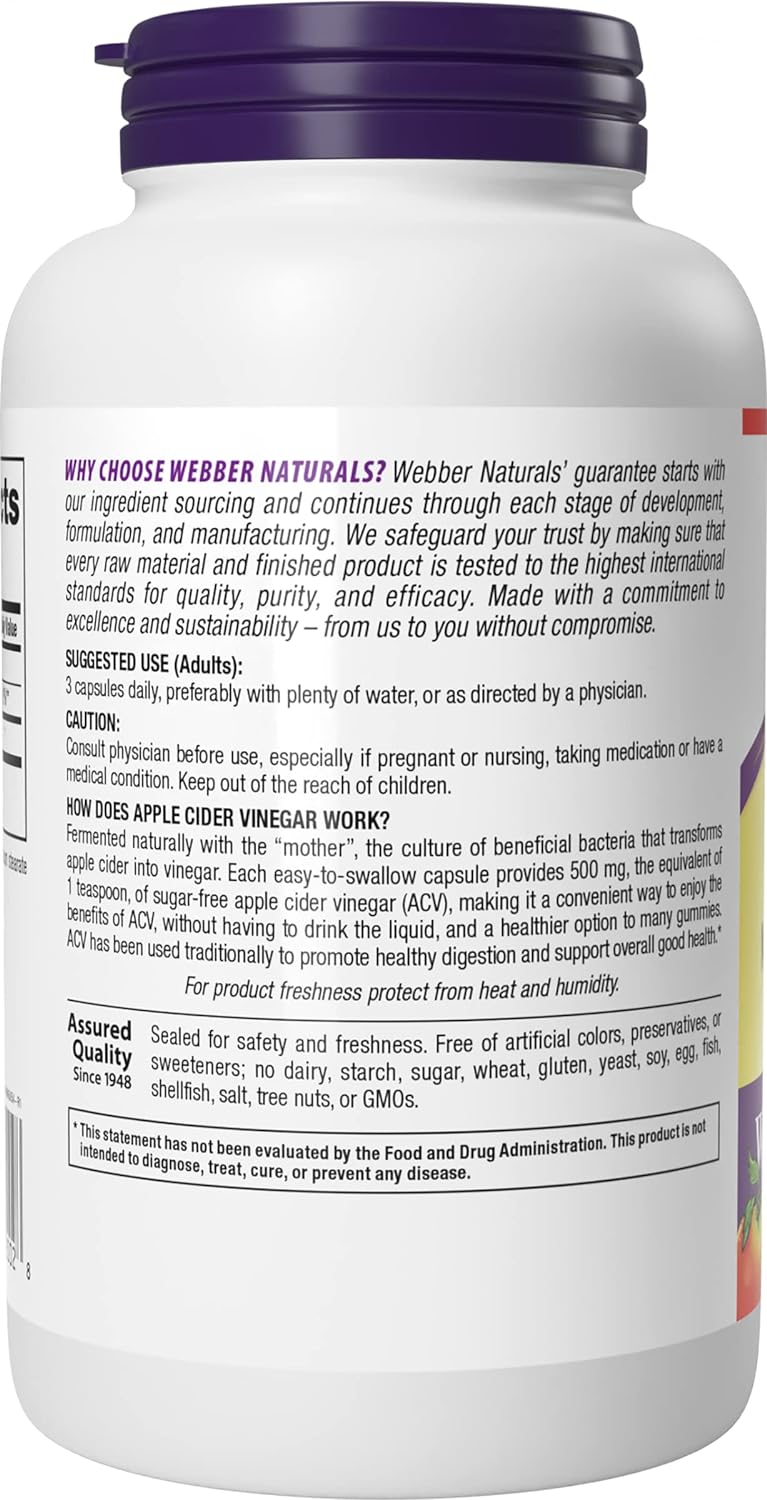Webber Naturals Apple Cider Vinegar Capsules with The Mother, 1500 mg per Serving, High Potency, 240 Capsules, Natural Digestion Support, Sugar, Dairy & Gluten Free