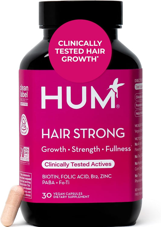 HUM Hair Strong - Hair Growth Vitamins with Biotin, Zinc, and Fo-Ti for Healthy Hair, Skin & Nails - Vegan Hair Supplement for Women | Biotin Supplement, (30 Capsules)