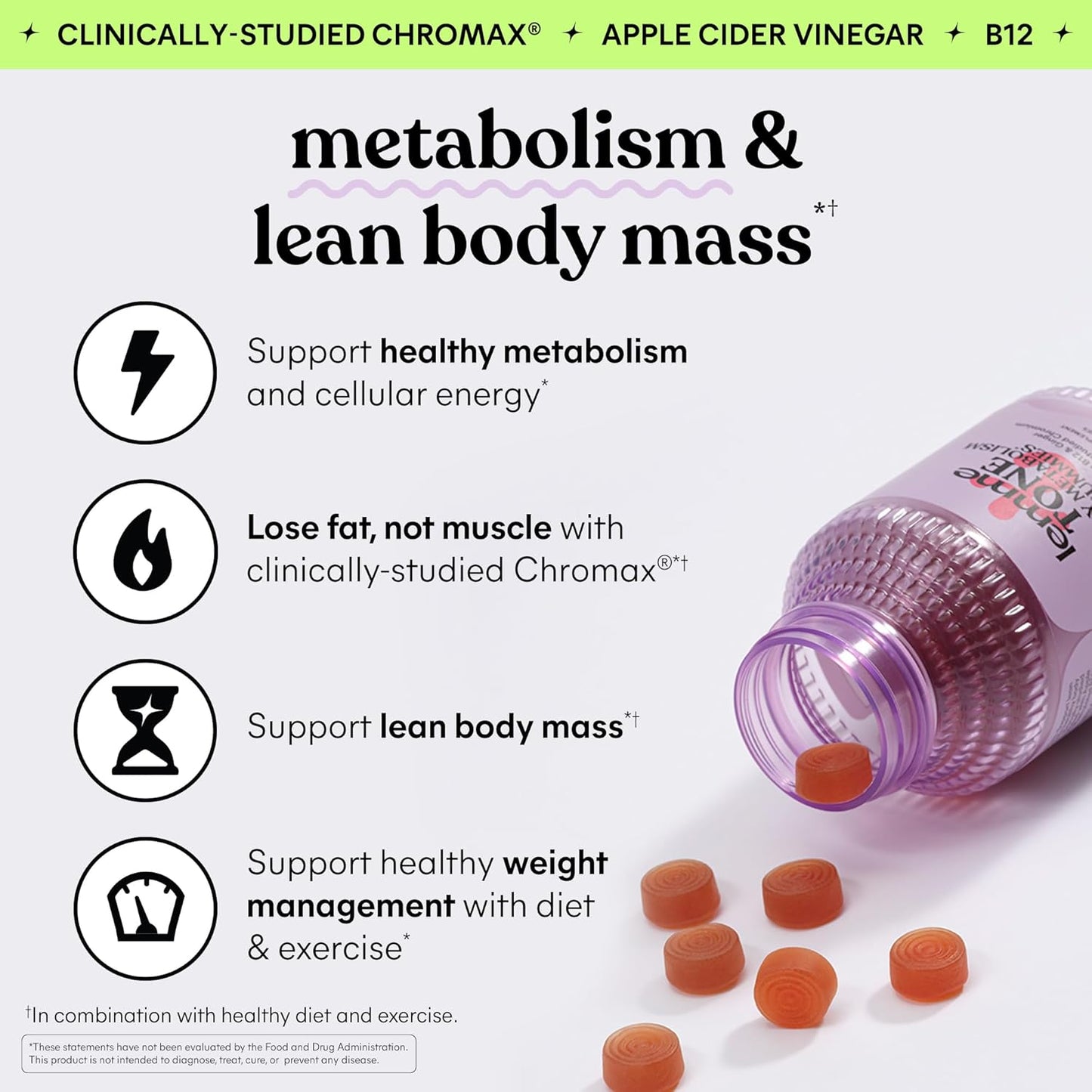 Lemme Tone Metabolism Gummies, Apple Cider Vinegar, Clinically Studied Chromium, B12, Ginger, Promote Lean Body Mass, Watermelon Apple Flavor (30 Day Supply)
