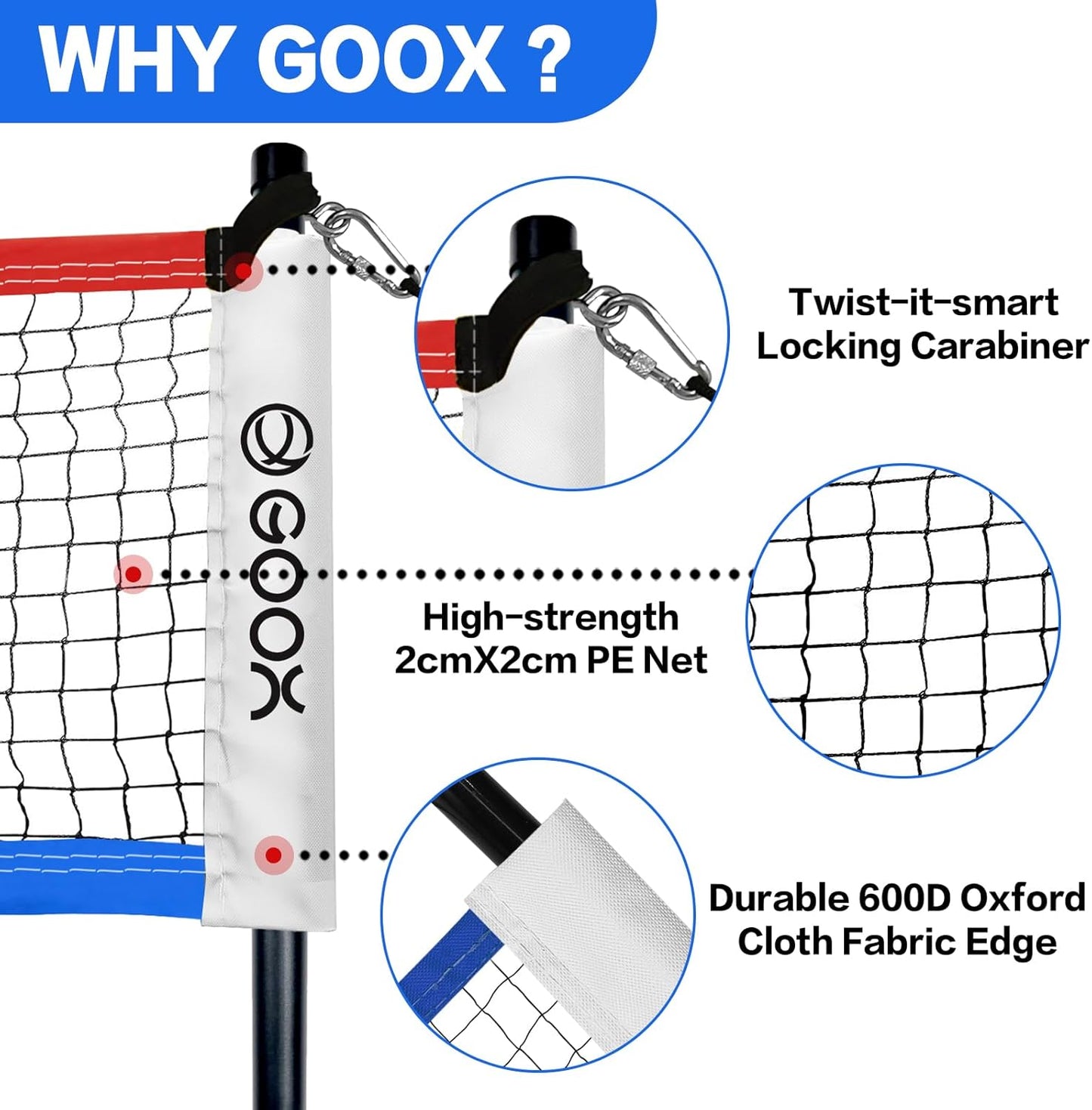 GOOX 4 Square Volleyball Net Game Set, 14 FT 4-Way Volleyball Net for Backyard Beach Lawn, Portable Four Square Volleyball Net for Adults & Youths with Vollyball, Pump, Carry Bag