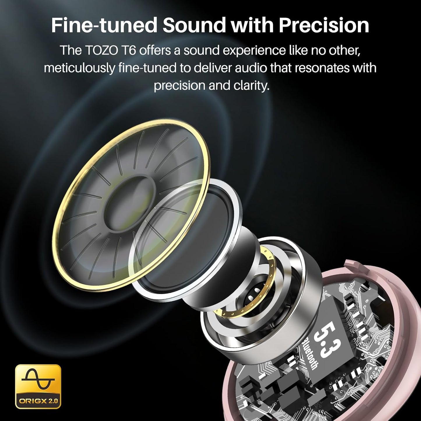 TOZO T6 Wireless Earbuds, IPX8 Waterproof Ear Buds, Stereo Bass Sound Bluetooth 5.3 Headphones in Ear, 50 Hours Playtime Earphones, Wireless Charging Case, Custom 32 EQ via APP