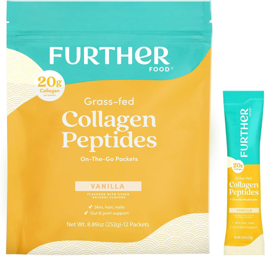 Further Food Vanilla Collagen Peptides Powder Stick Packs, Grass-Fed Pasture-Raised Hydrolyzed Type 1 & 3 Protein, Gut Health + Joint, Hair, Skin, Nails, Paleo Keto Sugar-Free 8.89 oz