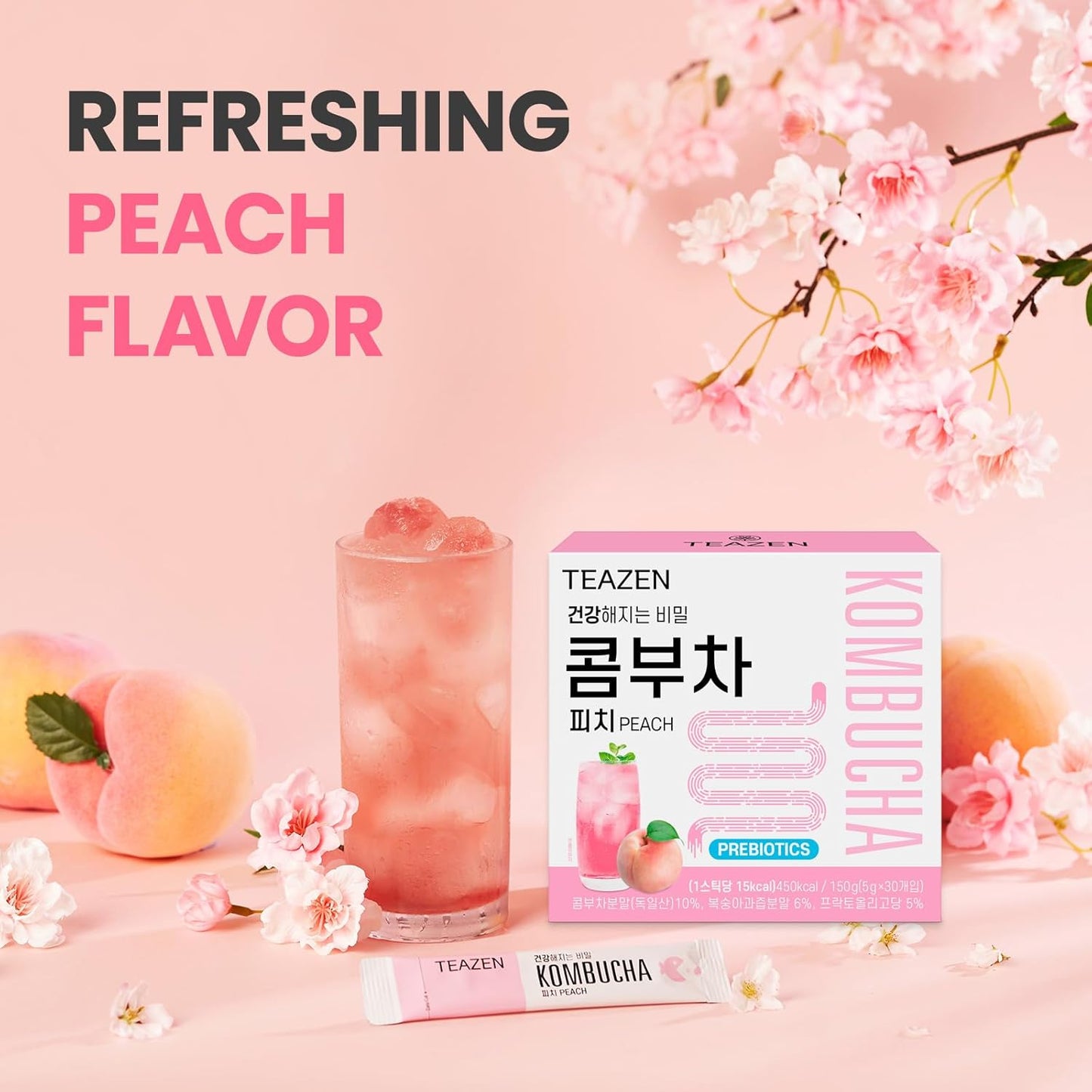 TEAZEN Peach Kombucha Tea, Hydration Drink Mix, Sugar Free, Live Probiotics & Prebiotics, 30 Sticks, 5.29oz