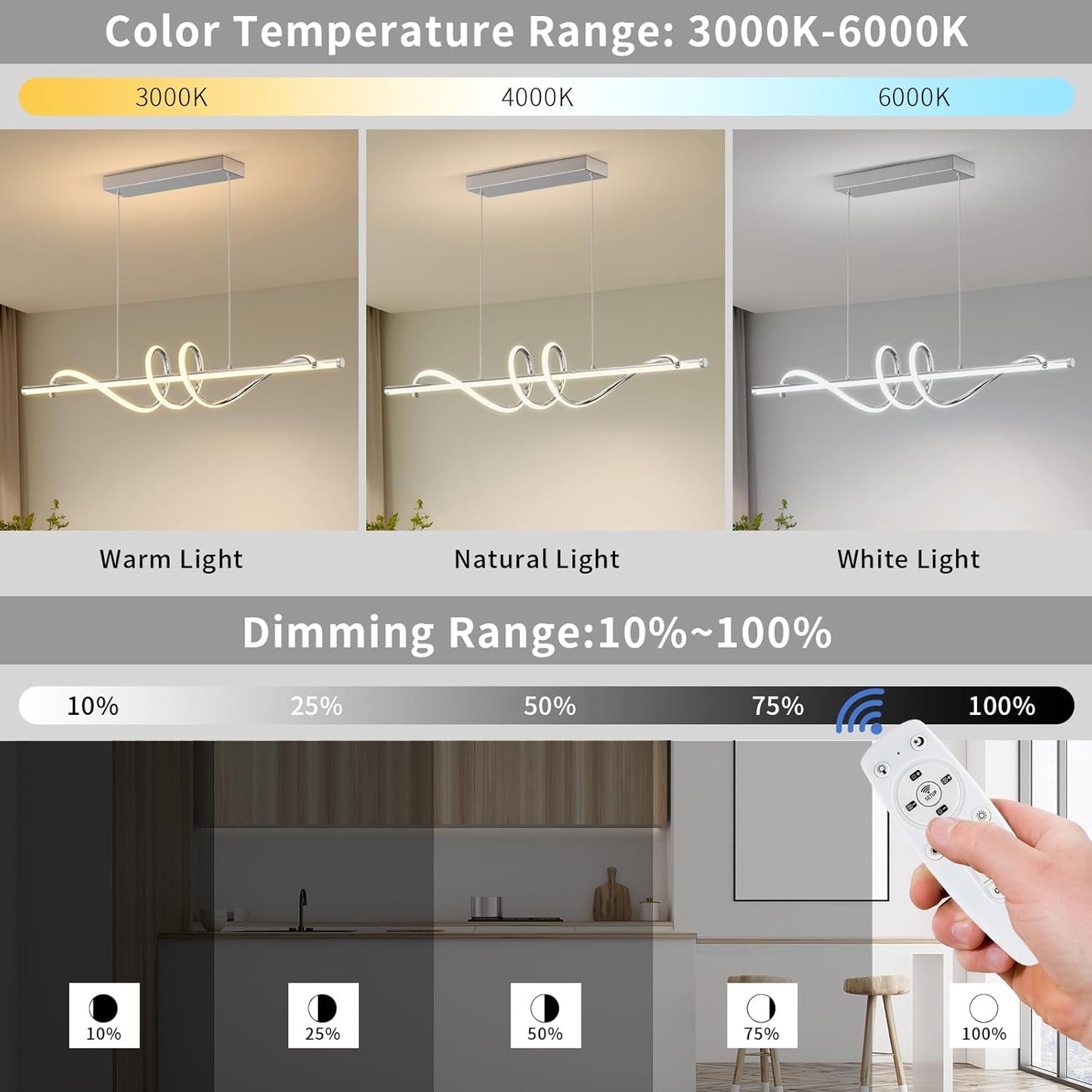 Modern LED Pendent Lights Kitchen Island,3000k-6000K Adjustable Color Dining Room Light Fixture,Dimmable with Remote Control Aluminum for Kitchen, Living, Dining,Bedroom(39in Chrome Silver