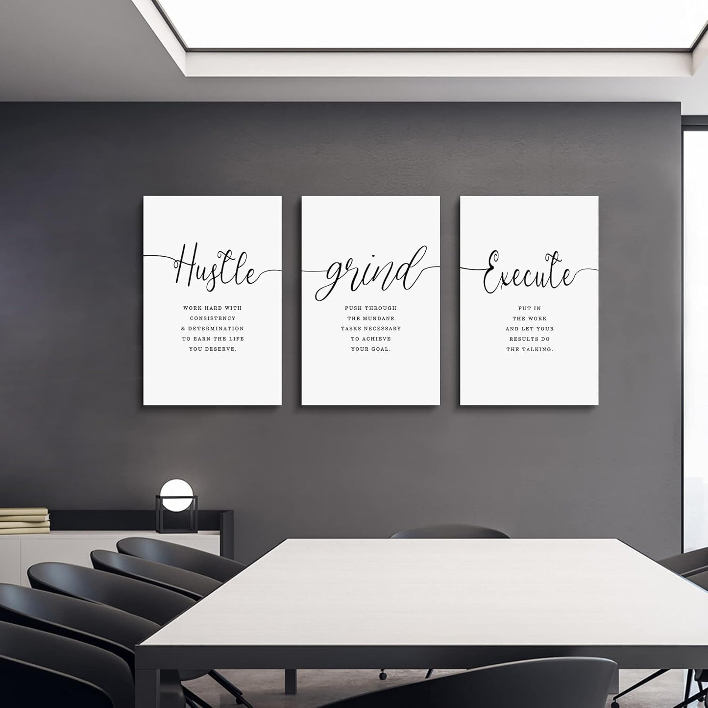 Framed Canvas Wall Art Hustle Quote, Office Wall Art, White Large Poster, Positive Motivational Set of 3 Prints, Execute Hustle Grind, Inspirational Print (H-3pcs,20x30inchx3pcs)