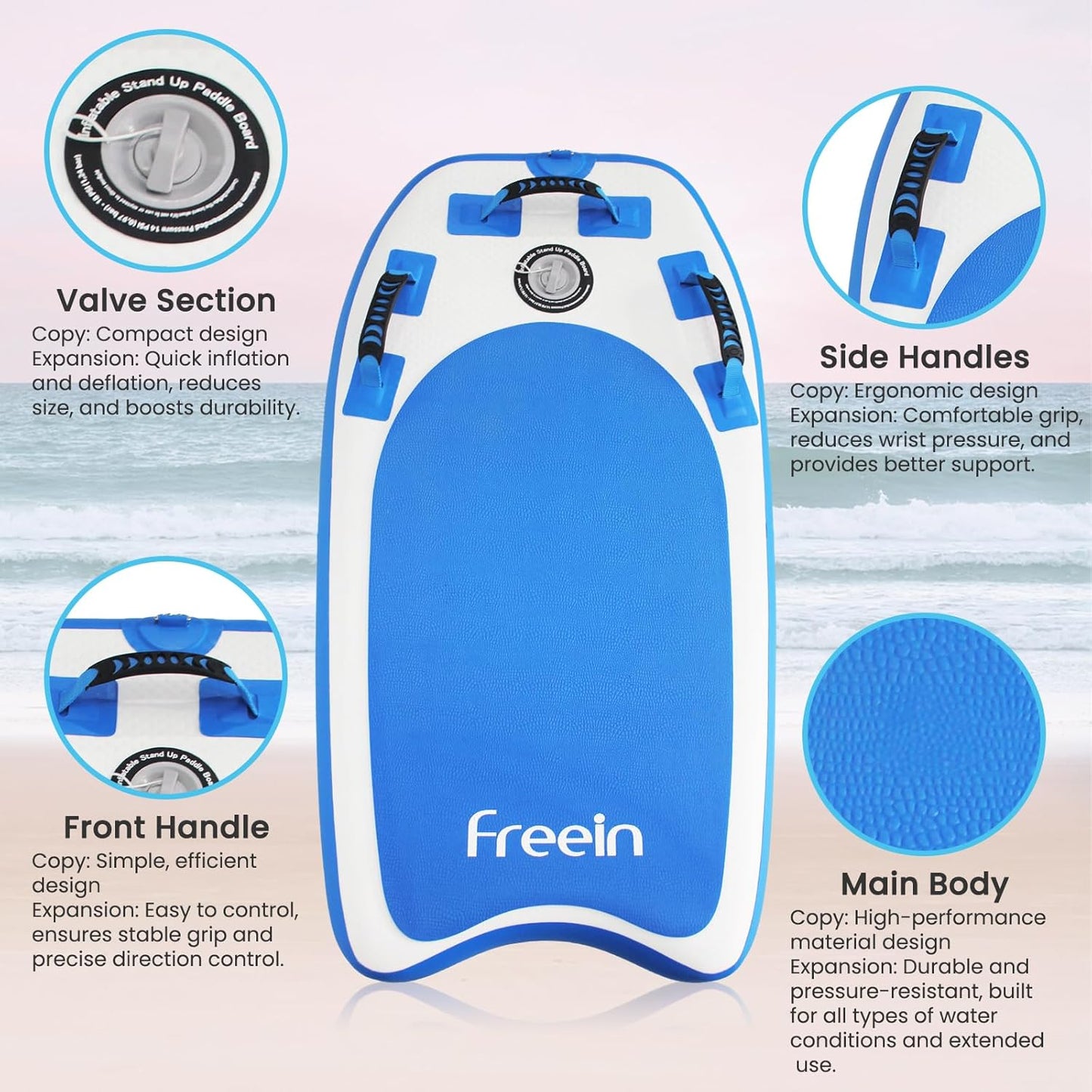 Freein Body Board Inflatable, Surfboards BodyBoards for Beach River, Foldable Design for Easy Storage and Transport Anywhere