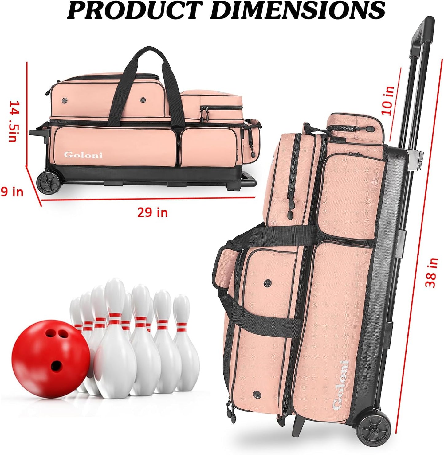 Goloni 3 Ball Bowling Bags with Wheels - Rolling Bowling Bag for 3 Balls & Accessories - Retractable Handle Extends to 38