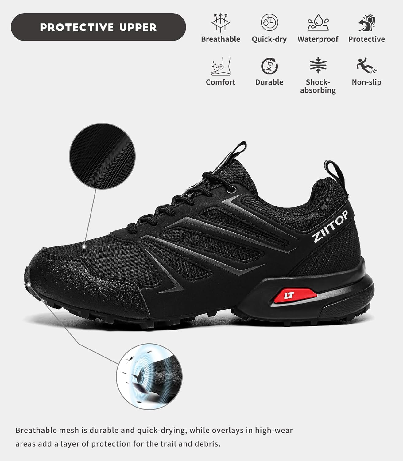 Mens Trail Running Shoes Waterproof Non-Slip Hiking Walking Sneakers for Outdoor Trailing Trekking Camping Quest Black