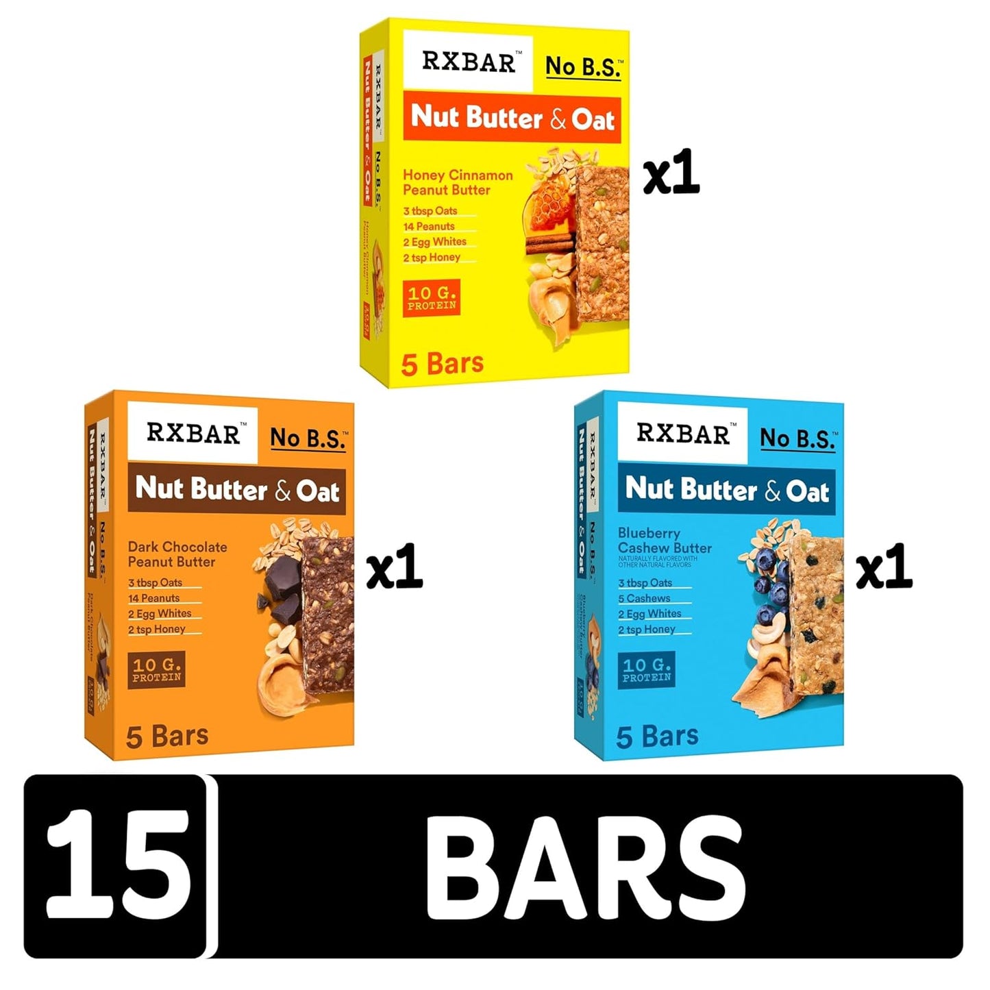 RXBAR Nut Butter and Oat Protein Bars, Snack Bars, Variety Pack (3 boxes, 15 Count)