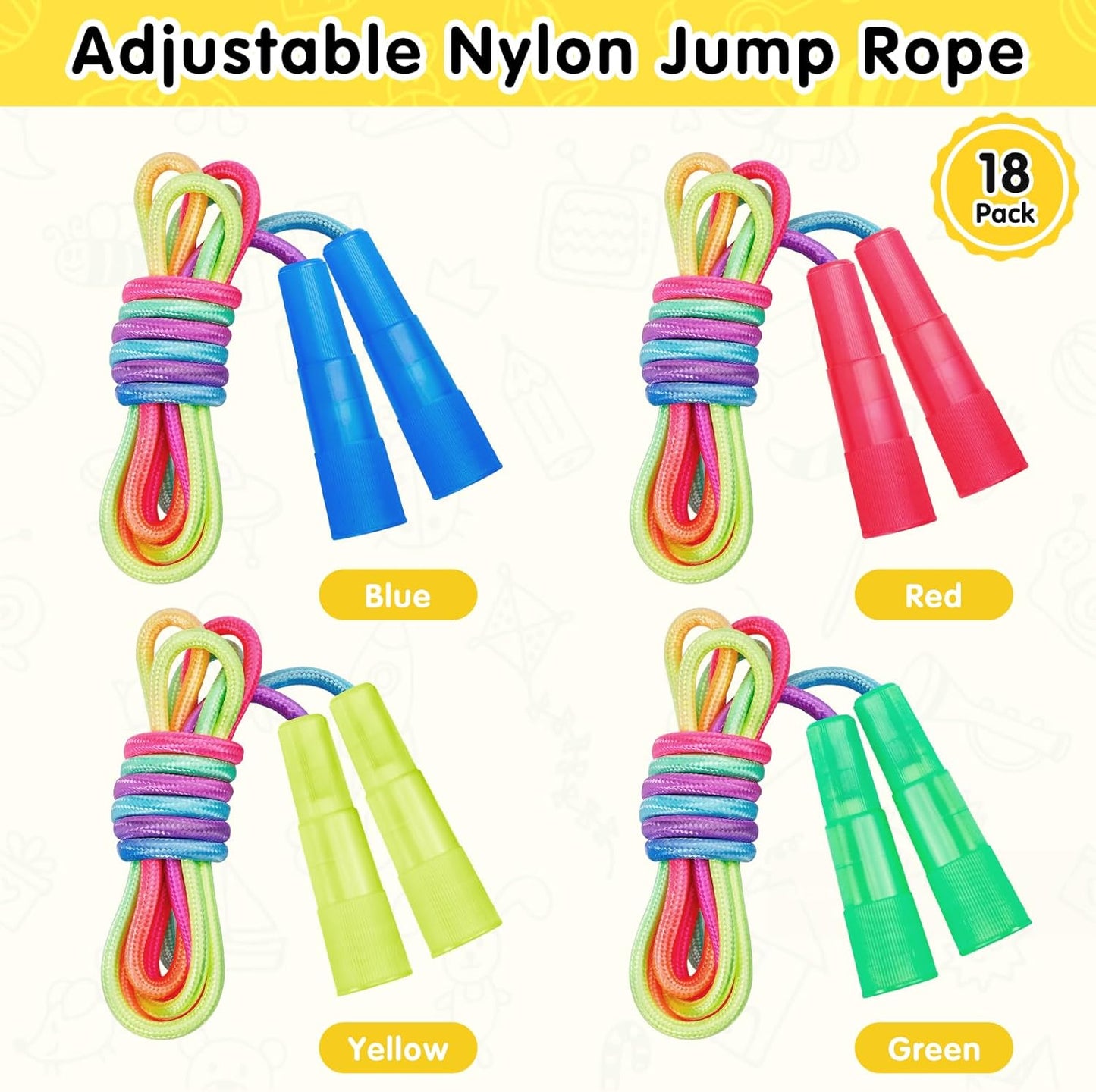 Jeffbaubl 18 Pack Jump Rope for Kids, 7.2Ft Kids Rainbow Jump Rope, Adjustable Skipping Ropes with Plastic Handles, Jumping Ropes for Boys Girls Outdoor Activity Party Favors