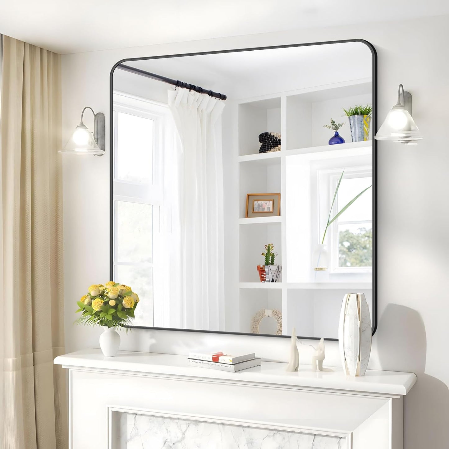 39" x 39"Bathroom Mirror, Matte Black Wall Mirror with Metal Frame, Decorative Rectangular Vanity Mirror for Bedroom Bathroom Living Room Entryway (Horizontal/Vertical)