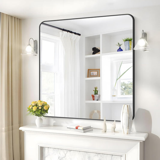 39" x 39"Bathroom Mirror, Matte Black Wall Mirror with Metal Frame, Decorative Rectangular Vanity Mirror for Bedroom Bathroom Living Room Entryway (Horizontal/Vertical)