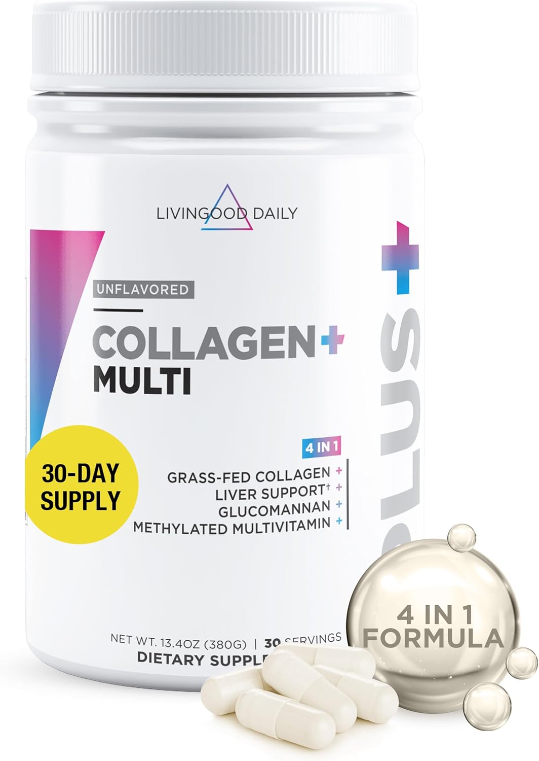 Livingood Daily Collagen Powder for Women & Men, Unflavored, Grass Fed Hydrolyzed Collagen Peptides, Protein & Multivitamins for Healthy Hair, Skin & Nails, Keto & Paleo, Gluten Free, 30 Servings