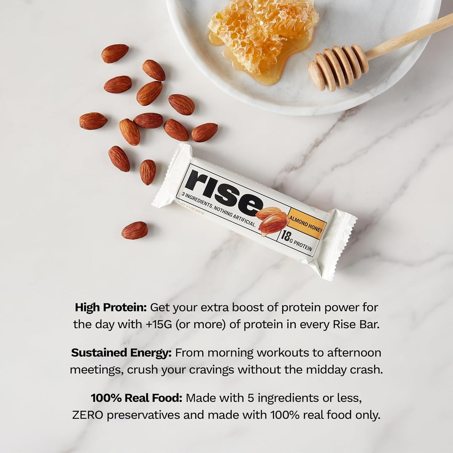 Rise Breakfast Whey Protein Bars Almond Honey, 18g Protein, 2.01 oz (12 Pack)