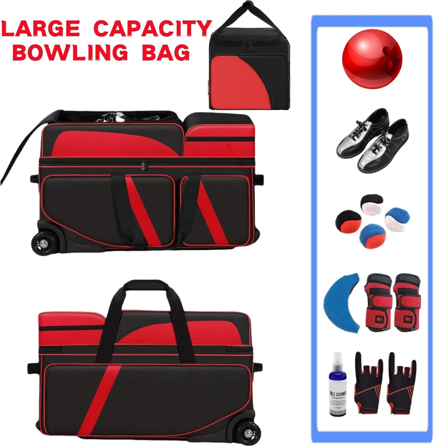 4 Ball Bowling Bags with Wheels, Bowling Ball Bag with Multi-Pockets,4 Ball Bowling Bag with Secure Buckle Fixed Ball Cup & Shoe Compartment,3 Ball Bowling Bag+1 Ball Color Matching Add On Tote