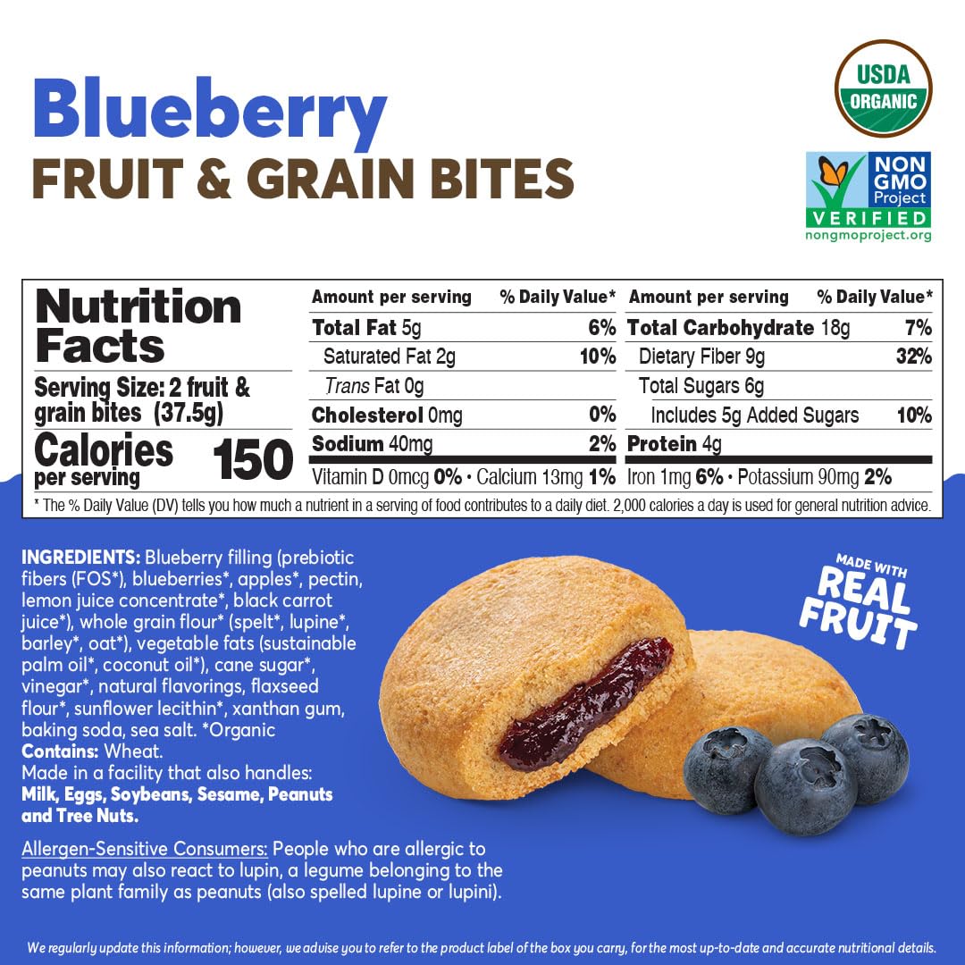 Olyra Blueberry Fruit Bars, Prebiotic High Fiber Snack, Organic Snack, Healthy Snacks for Adults and Kids, Low Sugar, Vegan, Office Breakfast Bars, USDA Certified Organic, Non GMO (Pack of 24)