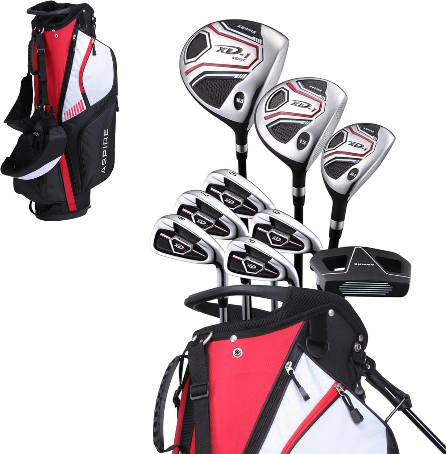 Aspire XD1 Complete Mens Golf Club Set, Includes Titanium Driver, S.S. Fairway, S.S. Hybrid, S.S. 6-PW Irons, Putter, Bag, 3 H/C's, Right & Left Handed Golf Clubs
