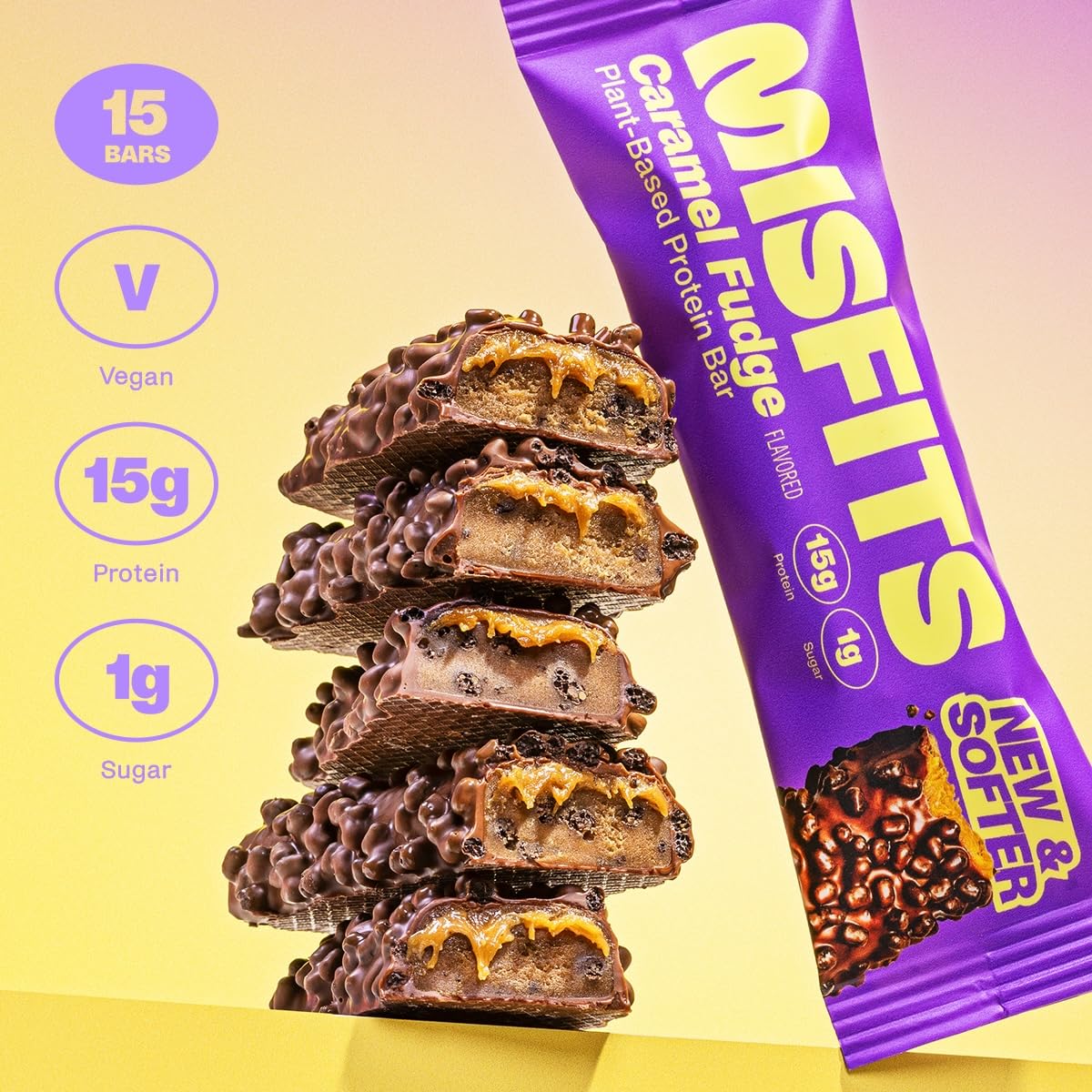Misfits Vegan Protein Bars, Caramel Fudge - Updated Recipe | Plant Based, Low Sugar & Carb, High Fiber Snacks | Pack of 15