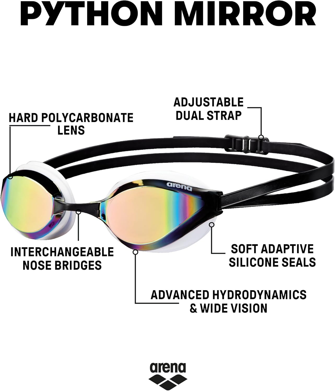 ARENA Unisex Python Racing Swim Goggles for Men and Women Anti-Fog No Leak Max Comfort Dual Strap, Mirror/Non-Mirror Lens