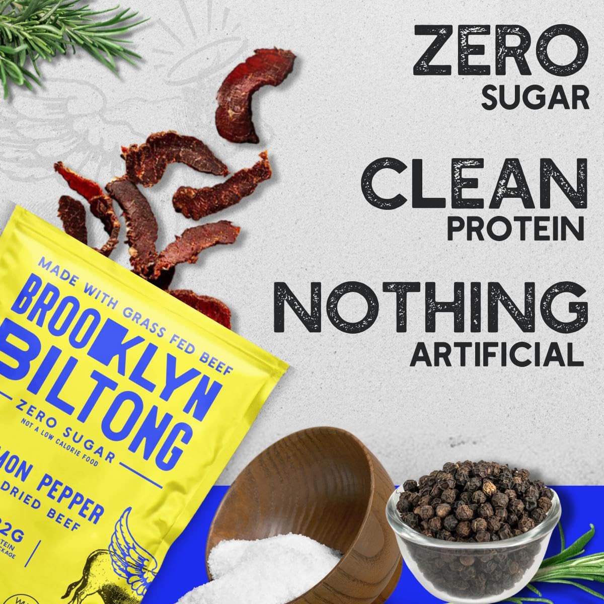 Brooklyn Biltong Air Dried Grass Fed Beef Snack, South African Beef Jerky (2 oz, Pack of 2) - Whole30 Approved, Paleo, Keto, Gluten Free, Sugar Free, Made in USA - (Lemon Pepper)