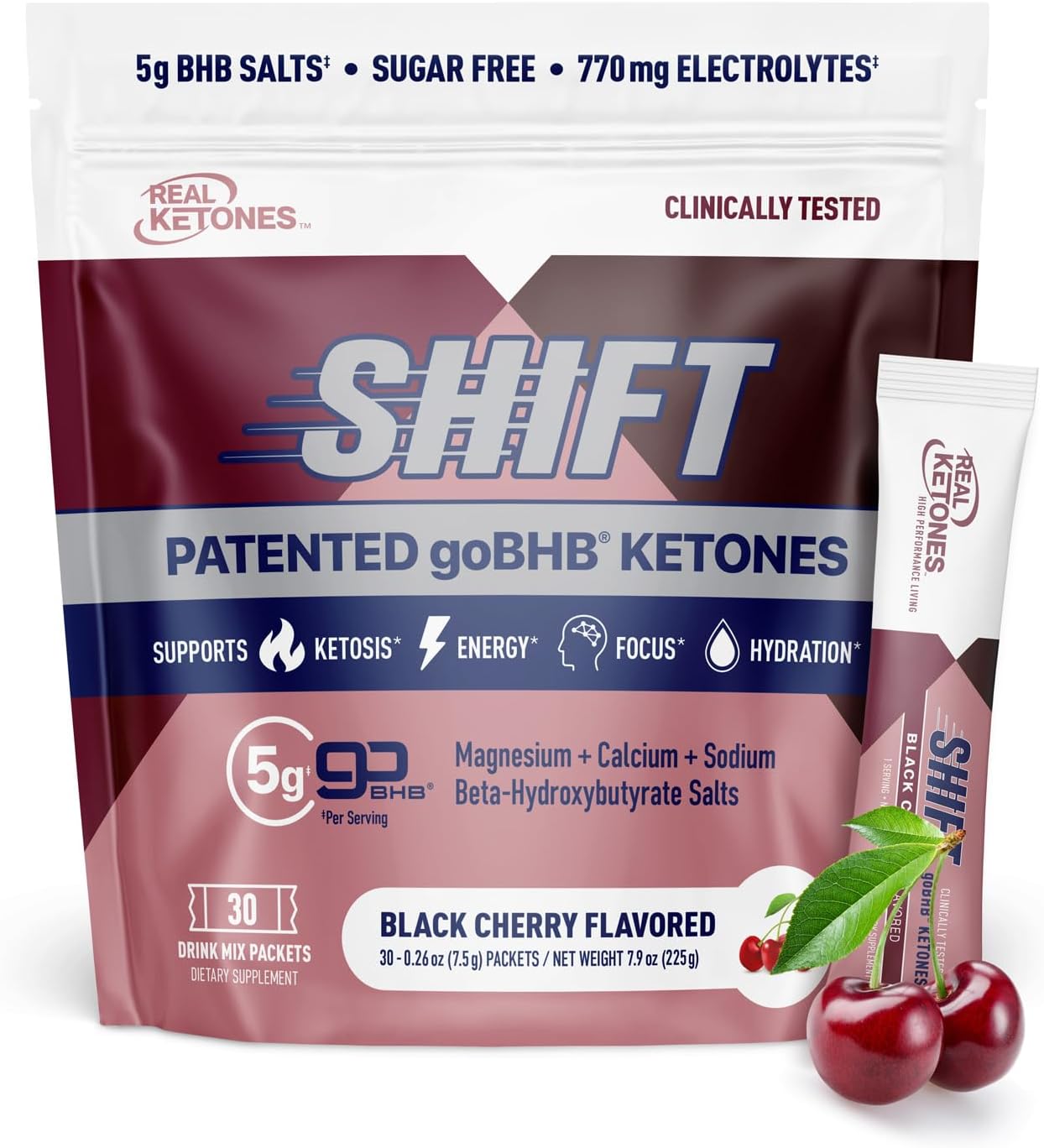 Real Ketones BHB Exogenous Ketones Drink Mix Packets Keto Electrolytes Powder Packets No Sugar with 4 Main Fasting Electrolytes Plus Hydrating Patented Keto BHB - 30 Count Black Cherry