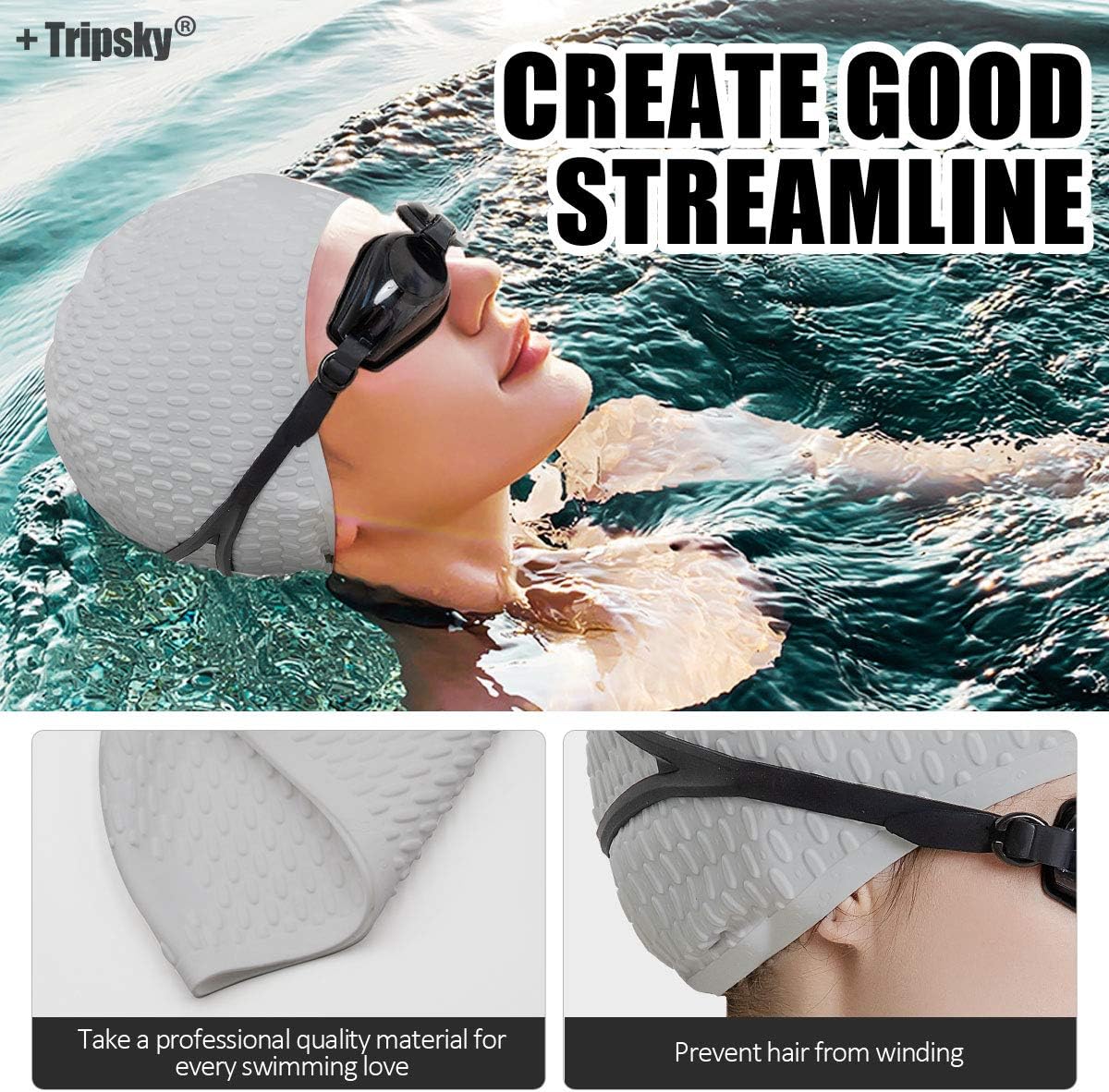Tripsky Silicone Swim Cap,Comfortable Bathing Cap Ideal for Curly Short Medium Long Hair, Swimming Cap for Women and Men, Shower Caps Keep Hairstyle Unchanged…